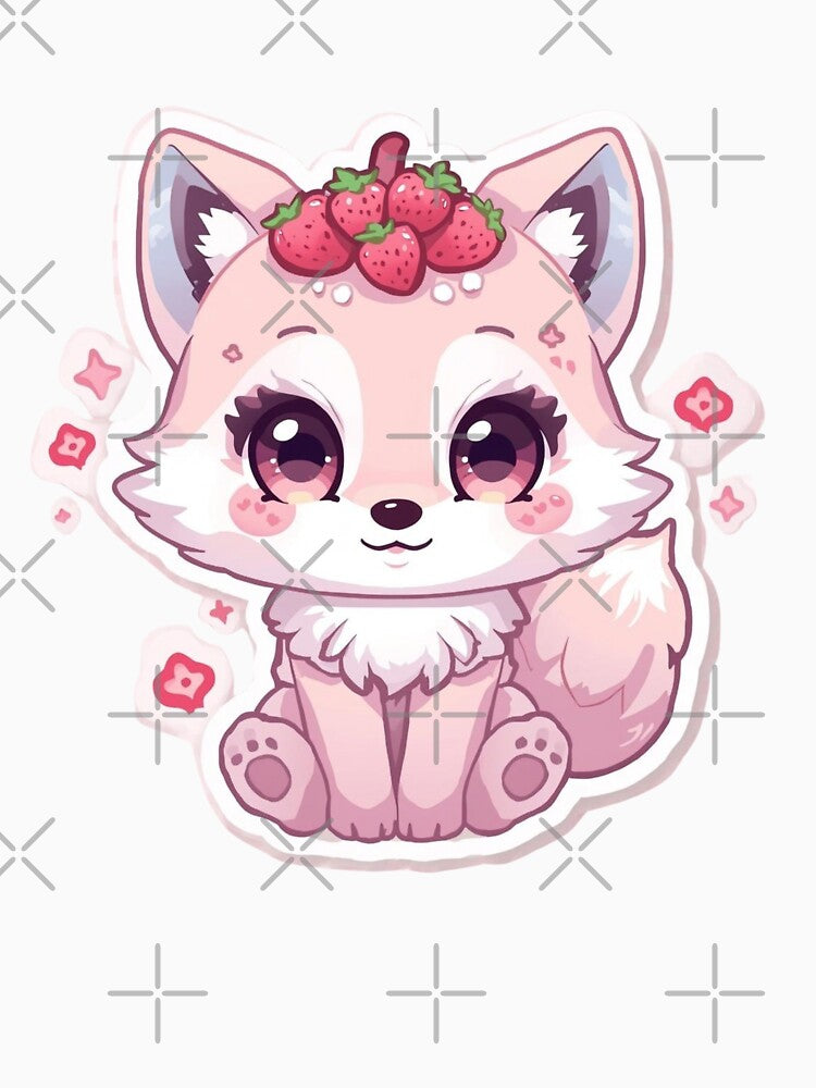 Cute Strawberry Fox Kawaii Animal – Pastel Pink Berry Fox Cartoon by Kavya Art