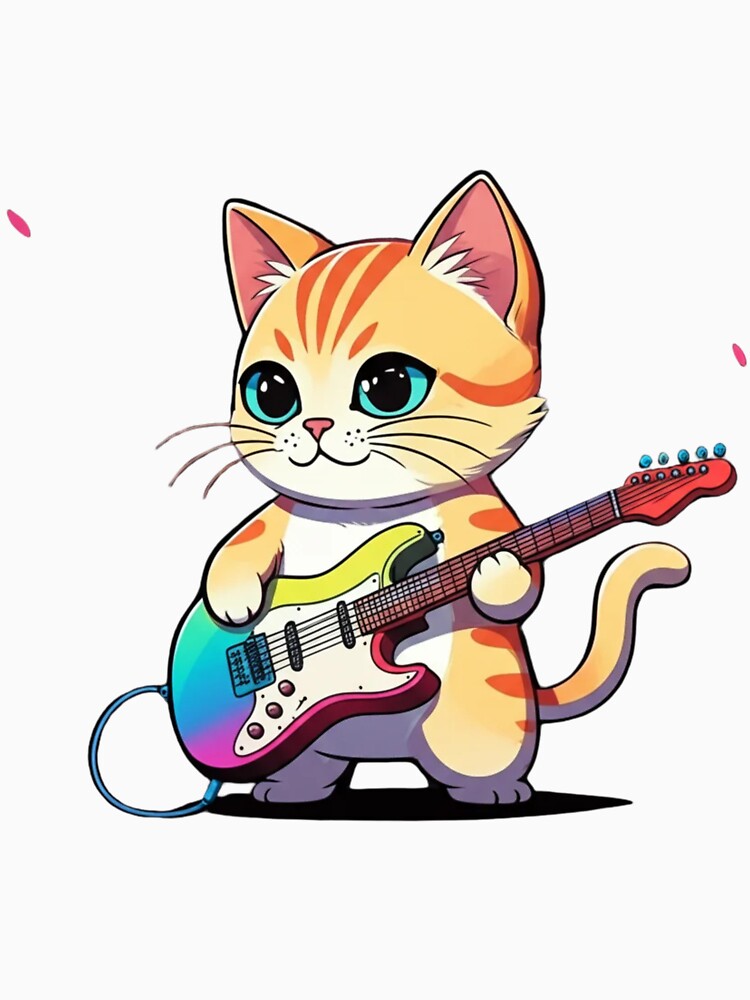Rockstar Cat – Funny Kawaii Chibi Cat Playing Electric Guitar | Minimalist Premium Neon Design by ColorSplash123