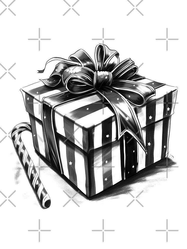 Striped Christmas Gift with Candy Cane – Black and White Holiday Illustration by inkoutninja