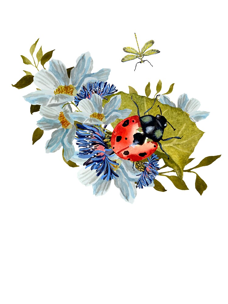 Flower daisy ladybug leaves dragonfly a watercolor by Yana Mustafina | Boho Soulful Designs