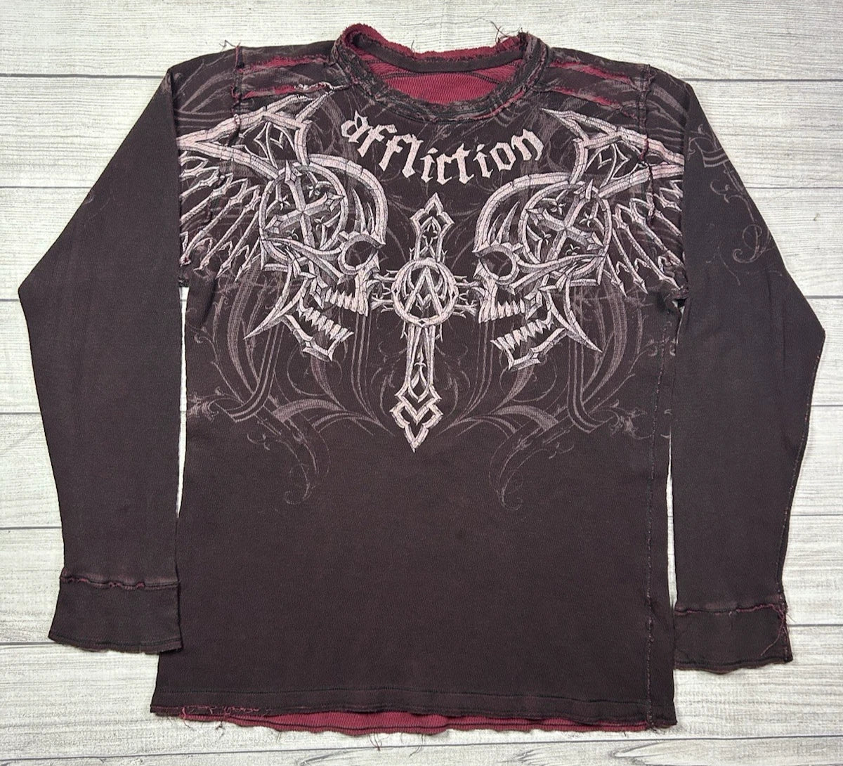 Vintage Affliction Reversible Thermal Shirt XL Wings Cross Y2K Grunge Brown/Red