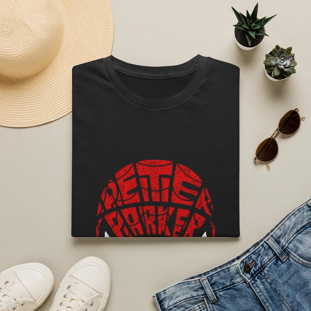 Peter Parker Typography Face T-Shirt | Red Word Art Tee | Great Power | Spidey