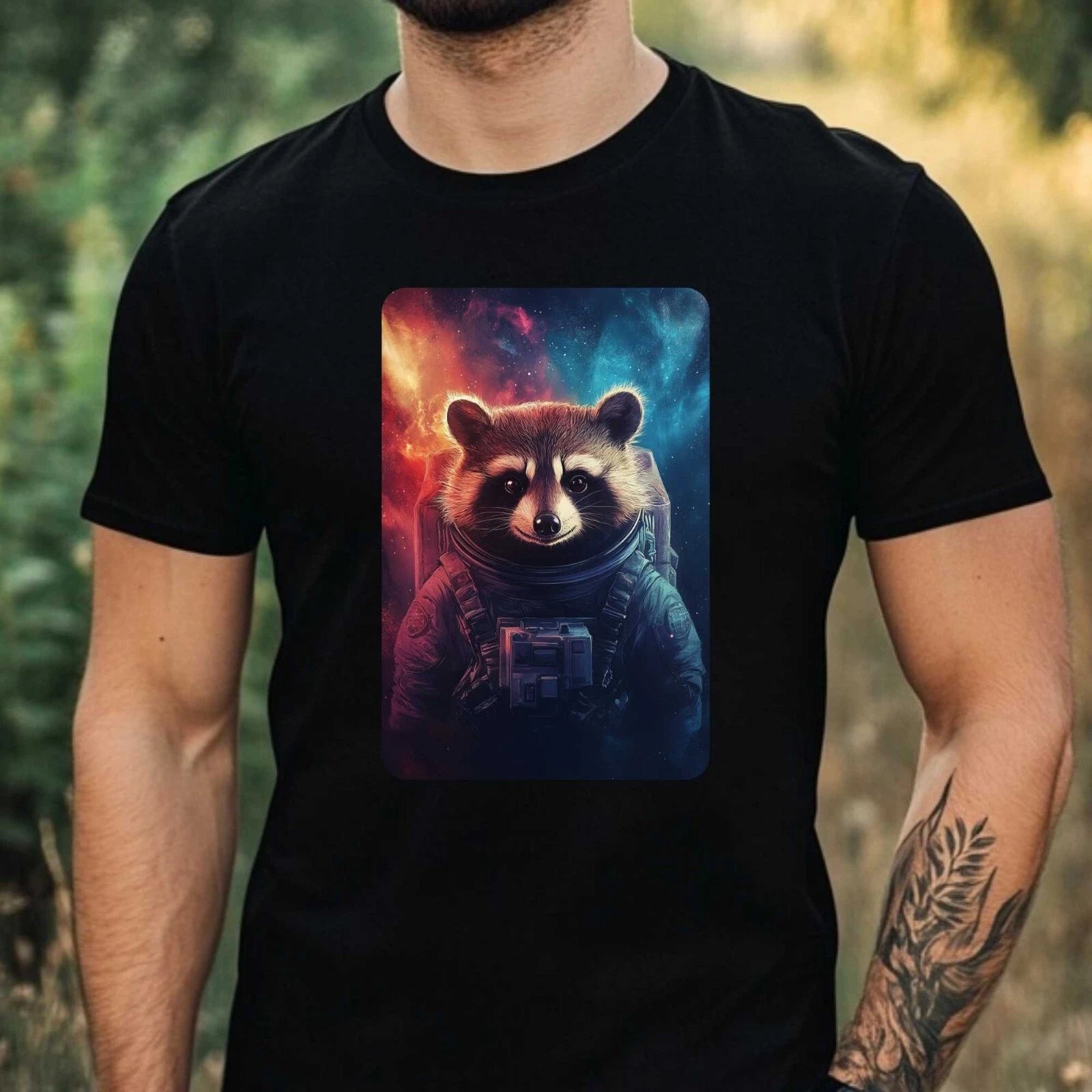 Mens Raccoon Astronaut Print Cotton T-Shirt Size XS to 5XL