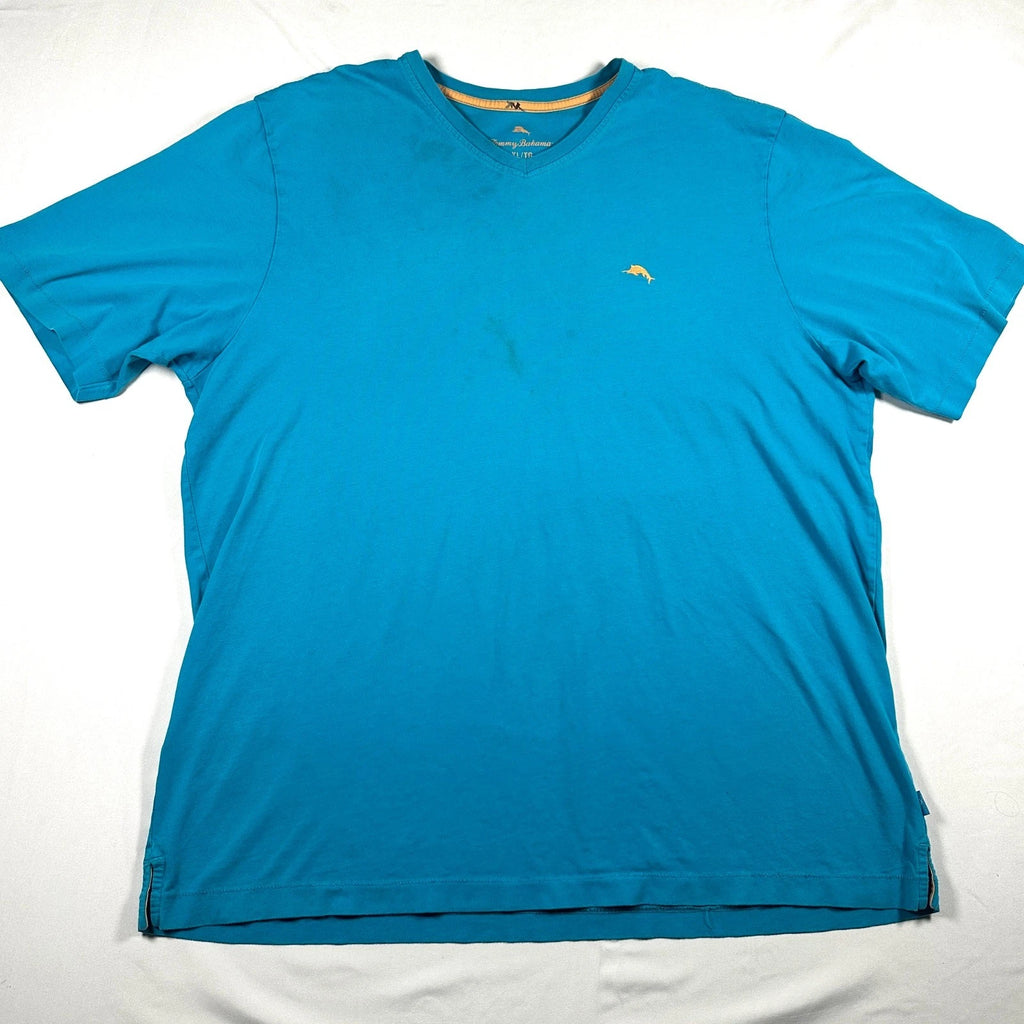 Tommy Bahama Relax Mens XL Blue Pima Cotton V-Neck Marlin Logo T-Shirt