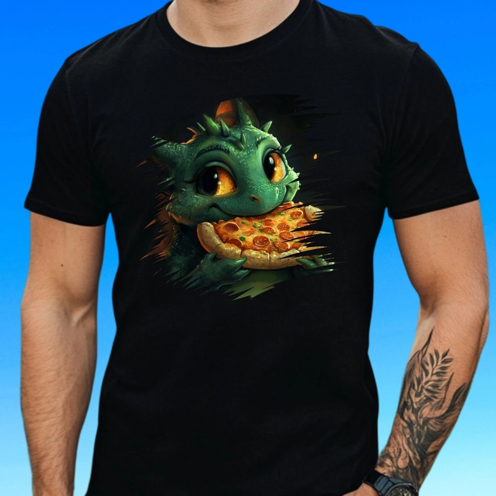 Mens Baby Dragon Pizza Print Cotton T-Shirt Size XS to 5XL