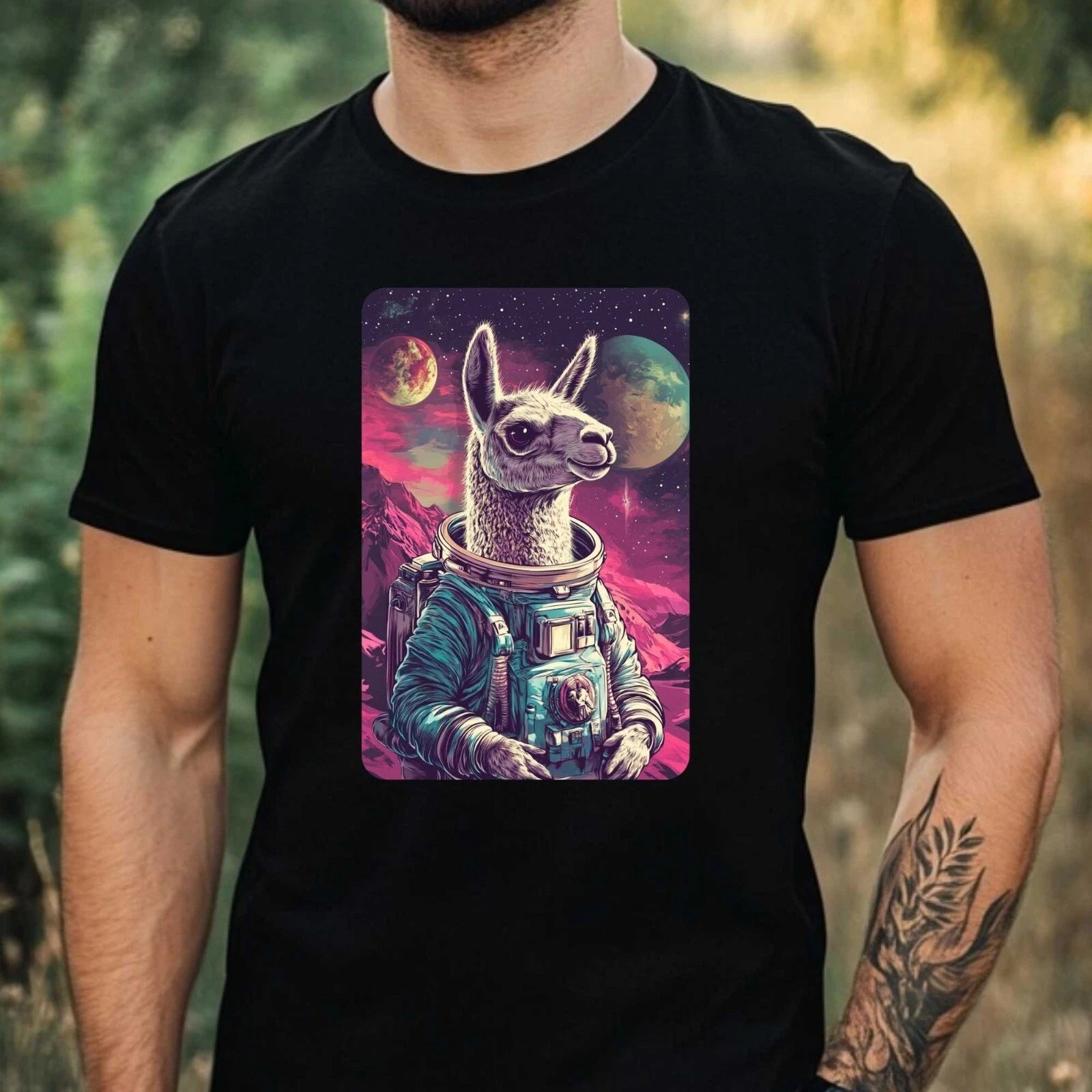 Mens Llama Astronaut Print Cotton T-Shirt Size XS to 5XL