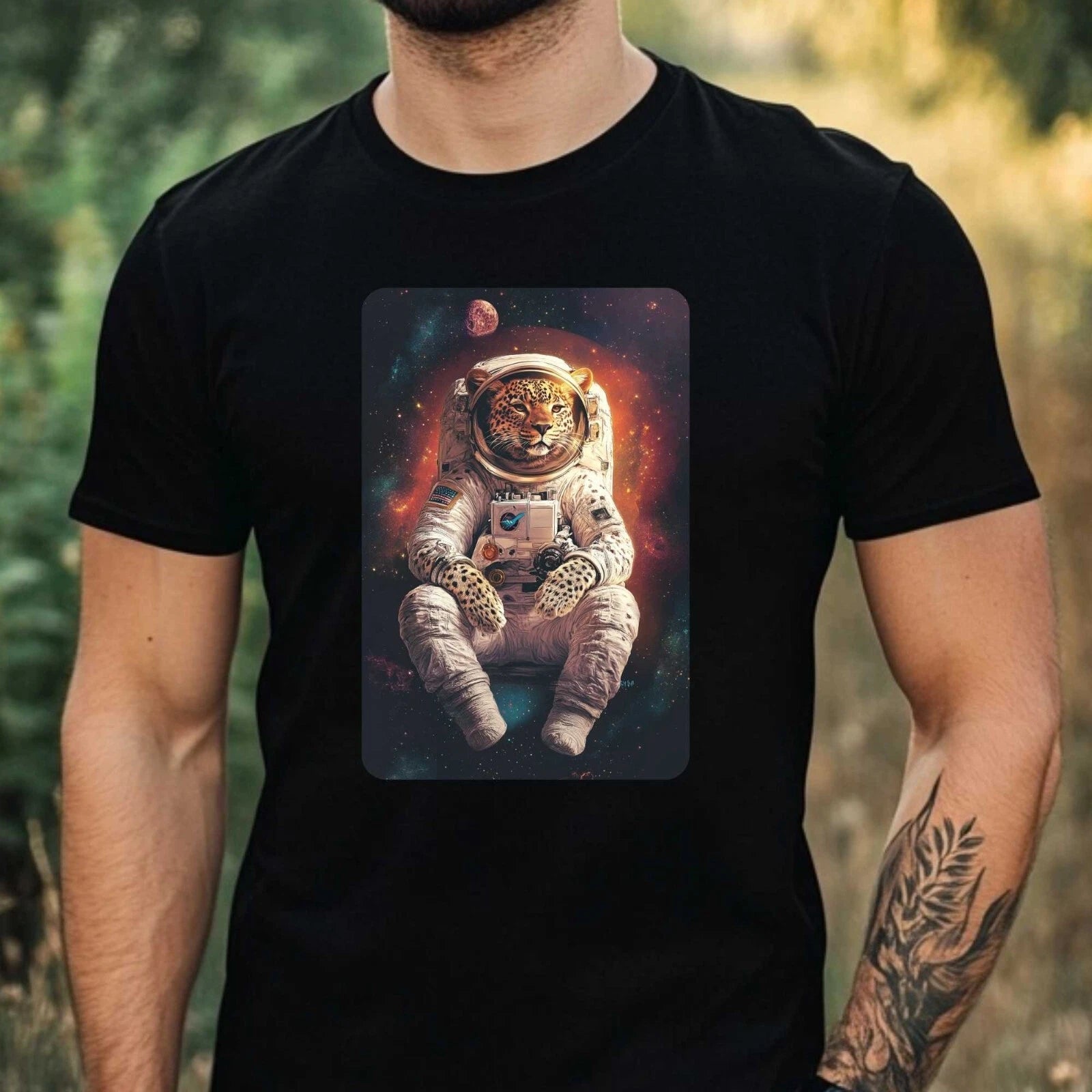 Mens Leopard Astronaut Print Cotton T-Shirt Size XS to 5XL