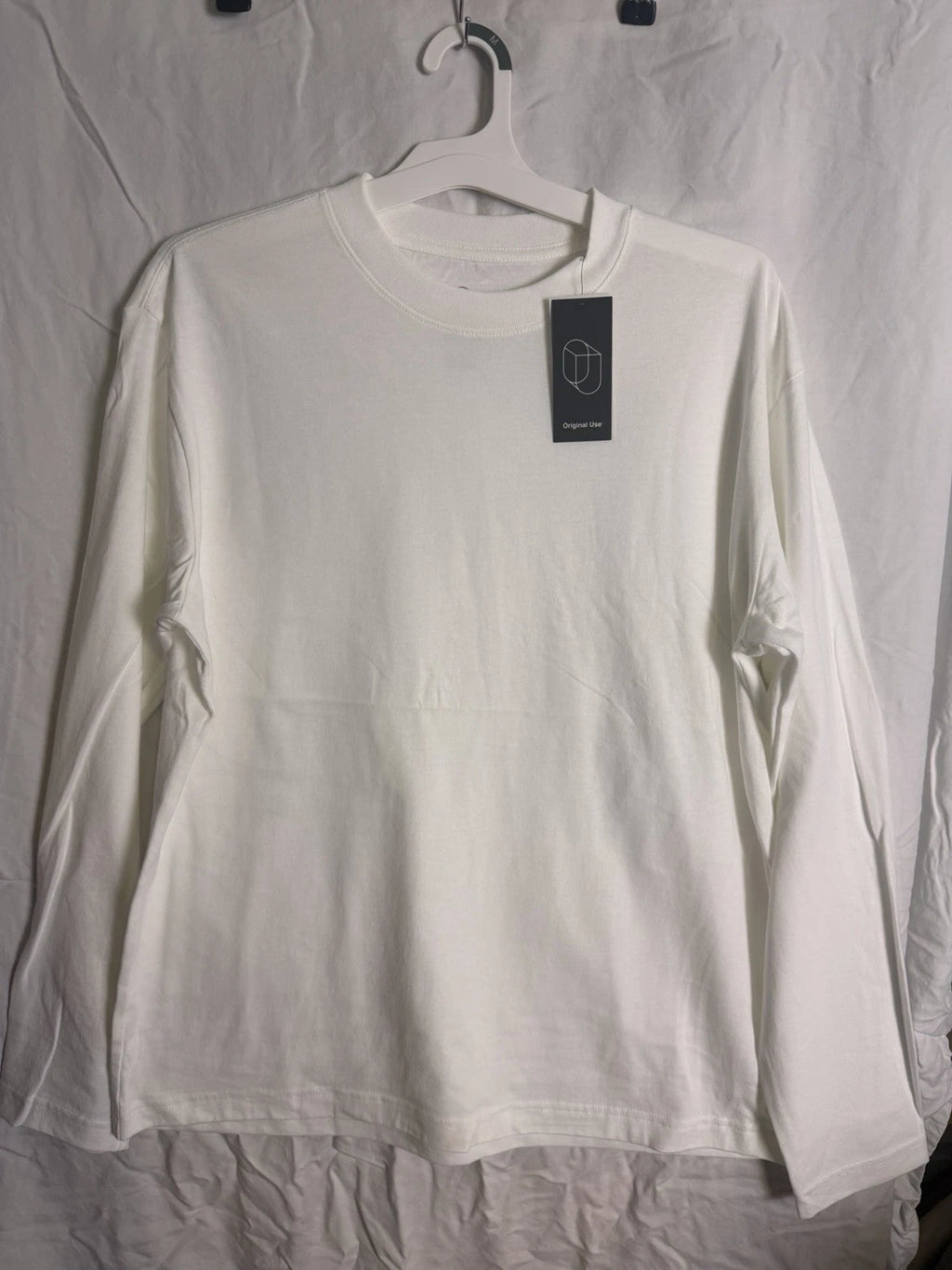 Original Use Casual Long Sleeve Cotton Crew Neck Mens T-Shirt White Size M