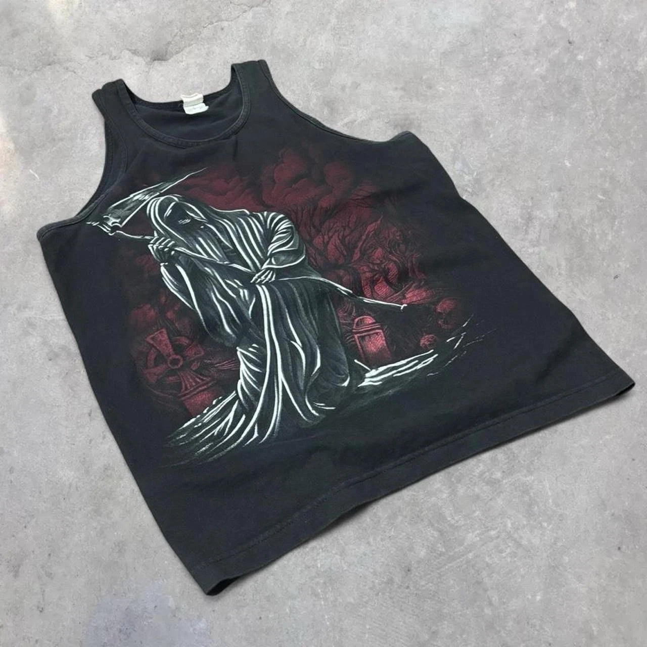 Vintage 90s Alstyle Black Sleeveless Cotton Grim Reaper Graphic Tank Top