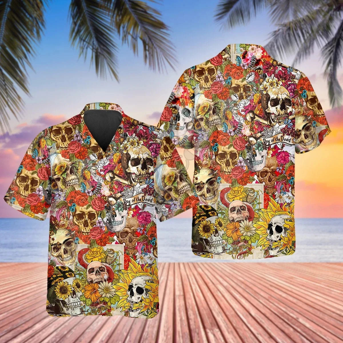 Mens Button Down Colorful Skull Floral Hawaiian Top Boho Novelty Shirt