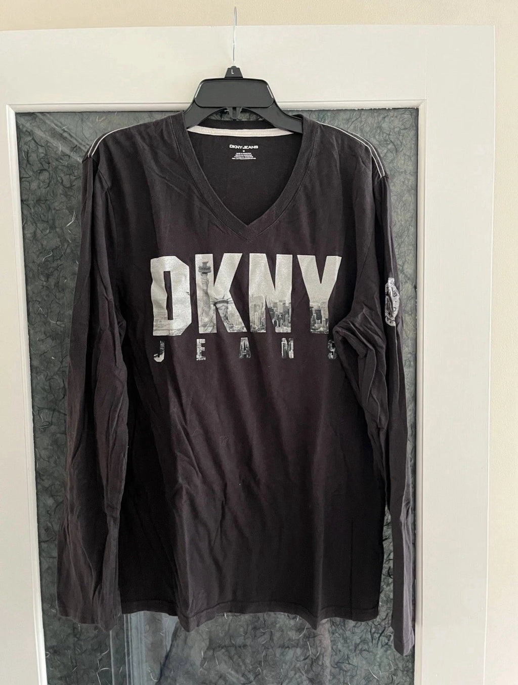 DKNY Men's Black Long-Sleeve V-Neck Shirt with Logo