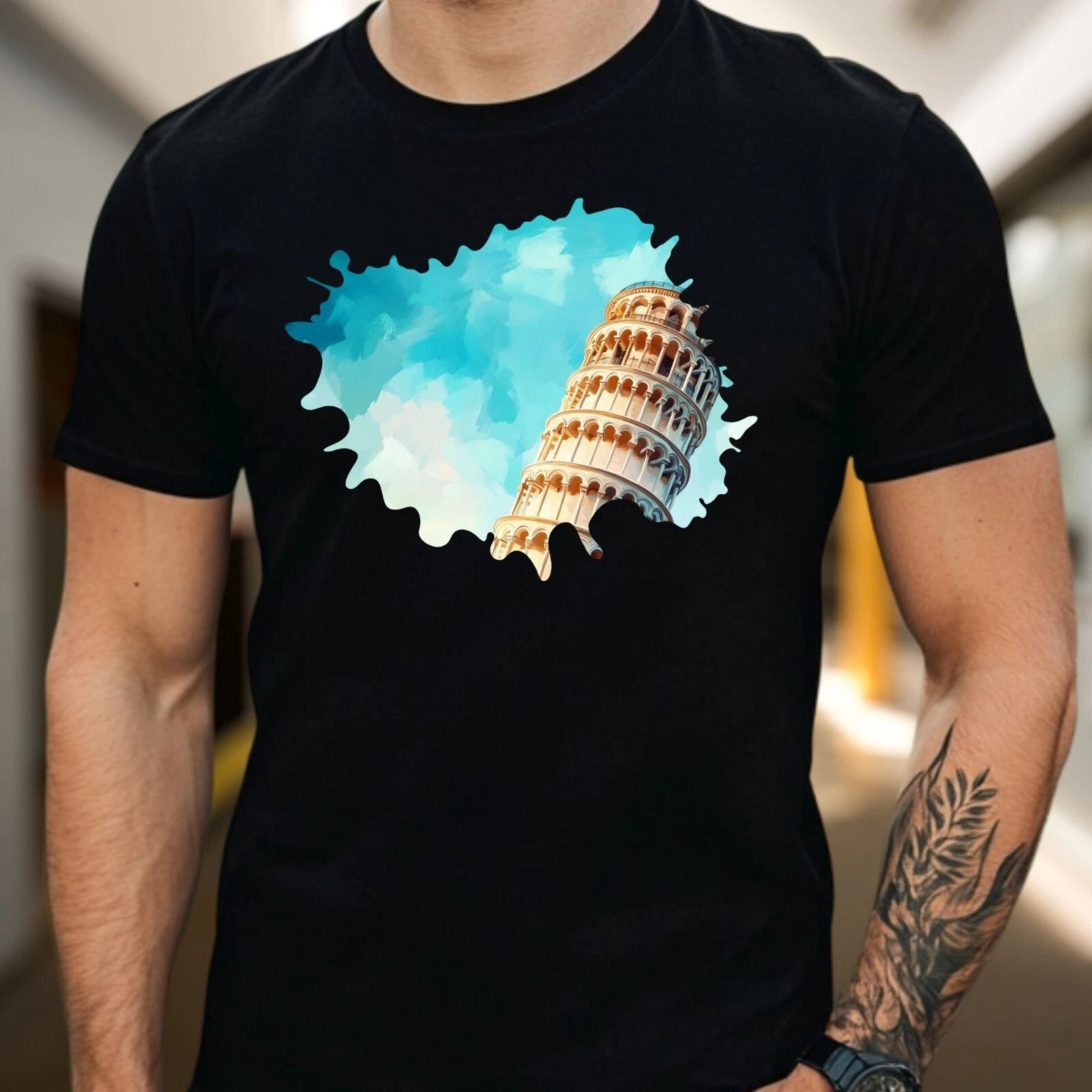 Mens Pisa Tower Motif Cotton T-Shirt Size XS to 5XL
