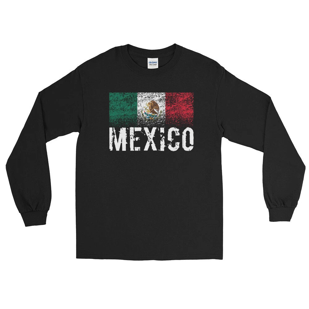 Mexico Flag Grunge Distressed Men’s Long Sleeve Shirt Soccer National New