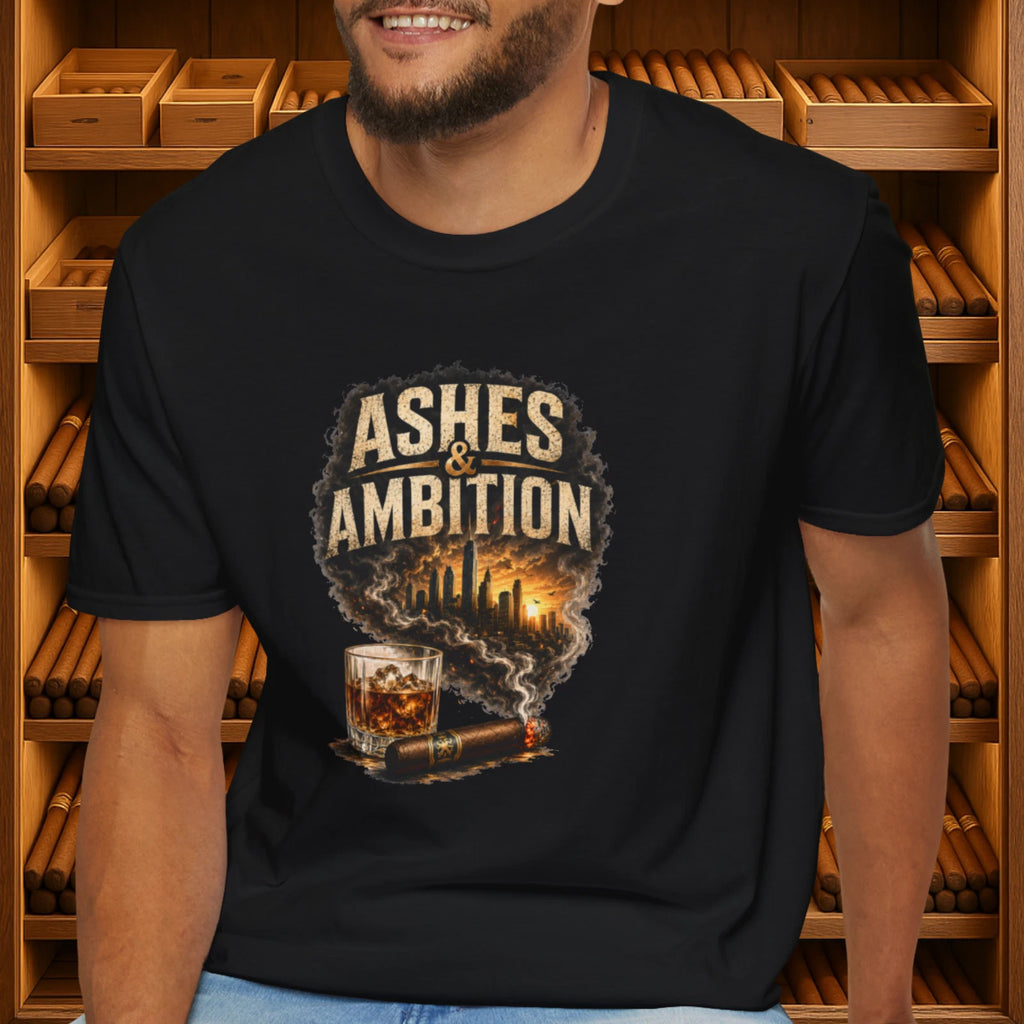 Ashes & Ambition Cigar T-Shirt – Whiskey, Success & Hustle Lifestyle Tee