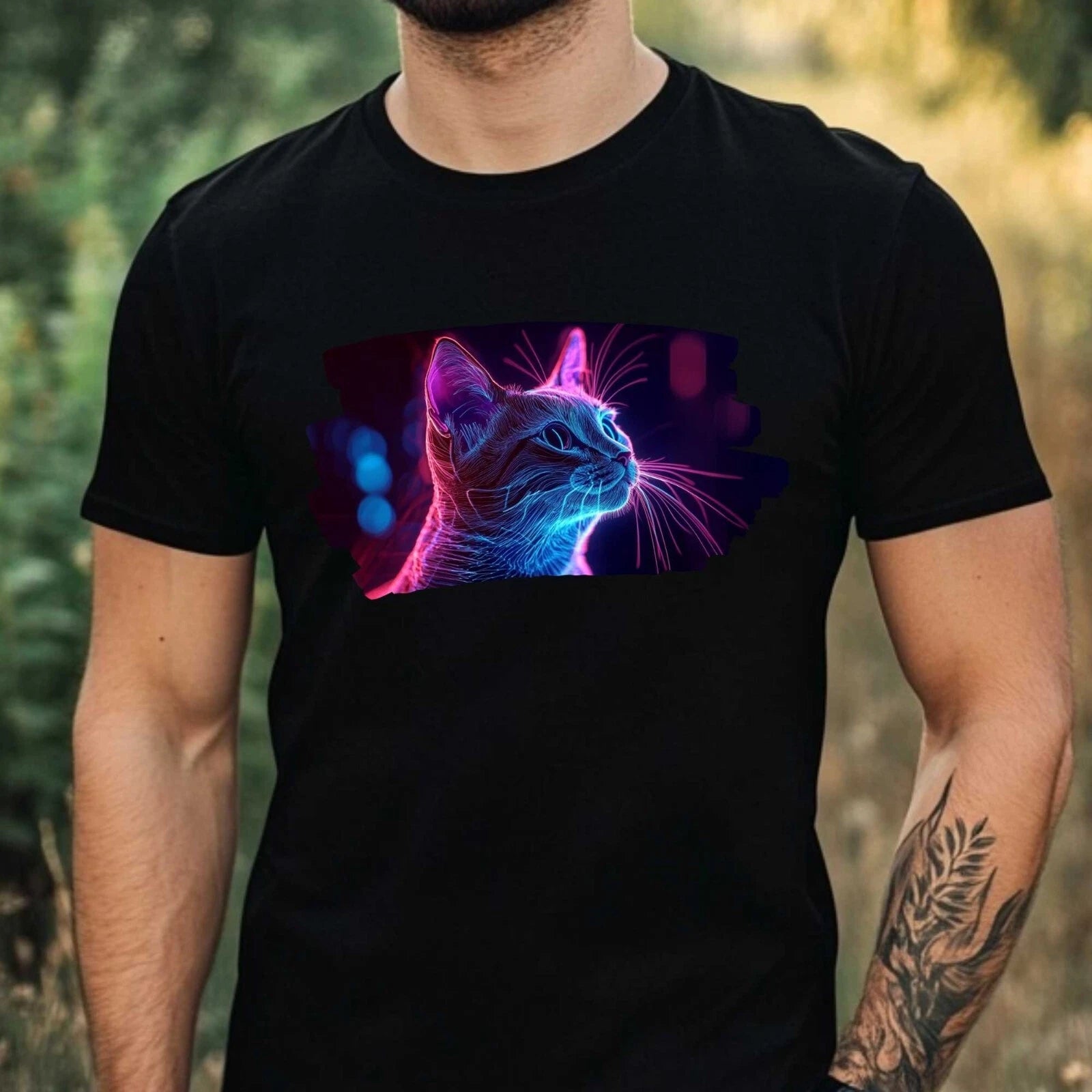 Mens Light Up Cat Print Cotton T-Shirt Size XS to 5XL