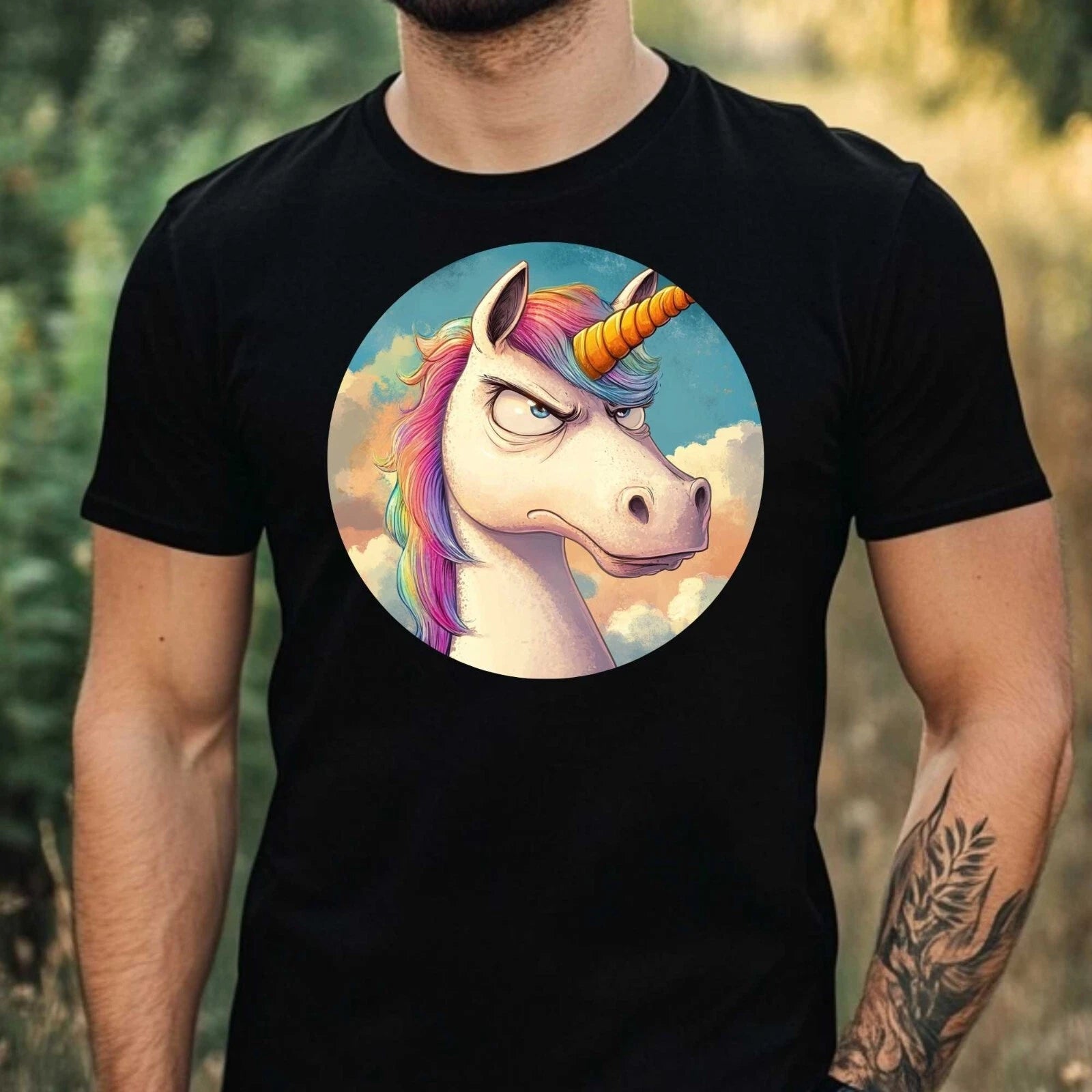 Mens Funny Grumpy Unicorn Print Cotton T-Shirt Size XS to 5XL