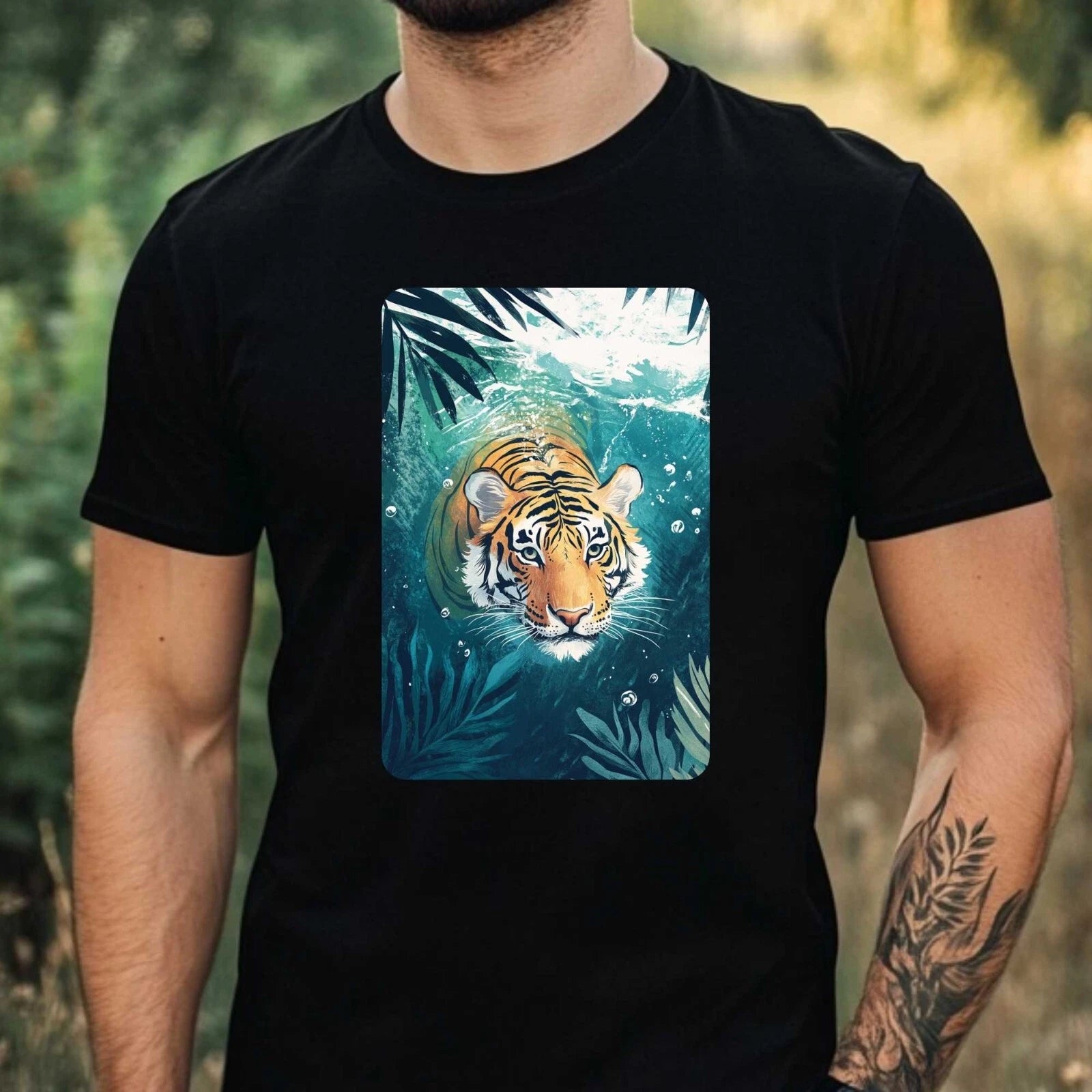 Mens Tiger Swimming In Ocean Motif Cotton T-Shirt Size XS to 5XL