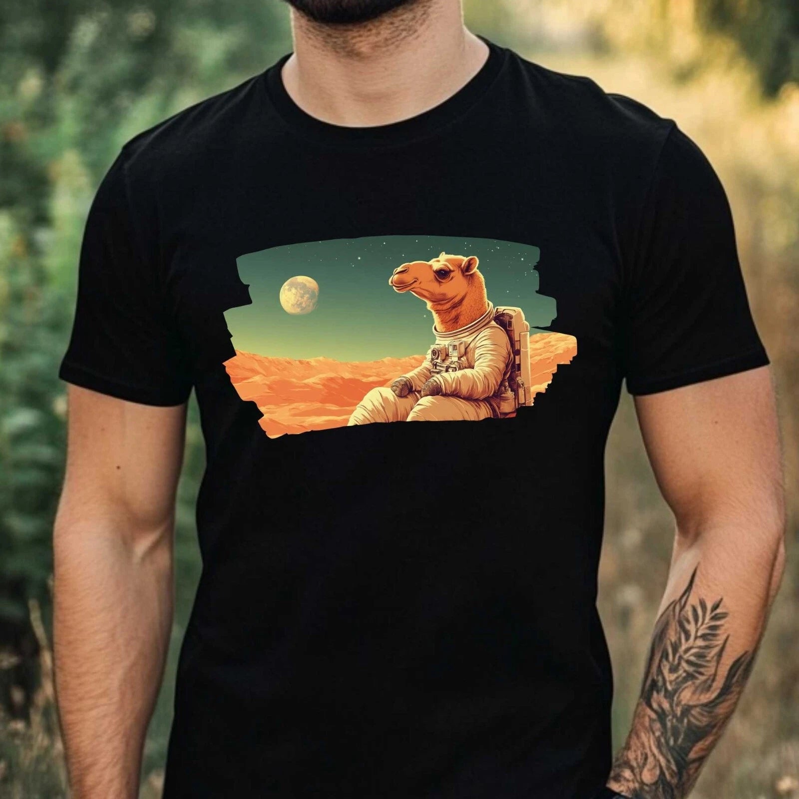 Mens Camel as Astronaut Motif Cotton T-Shirt Size XS to 5XL