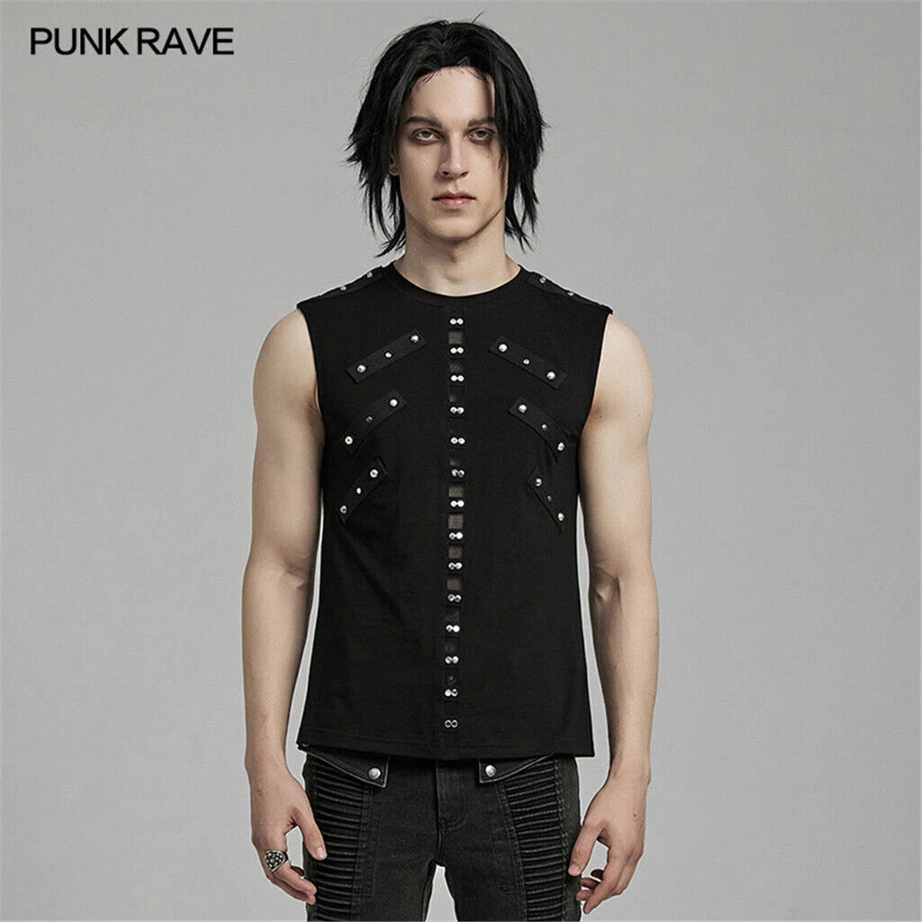 PUNK RAVE Men Black Punk Rock Gothic Steampunk Sleeveless Tops Tank Vest