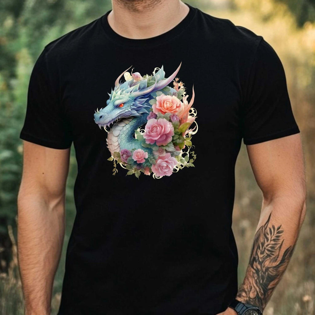 Mens Watercolour Floral Dragon Motif Cotton T-Shirt Size XS to 5XL