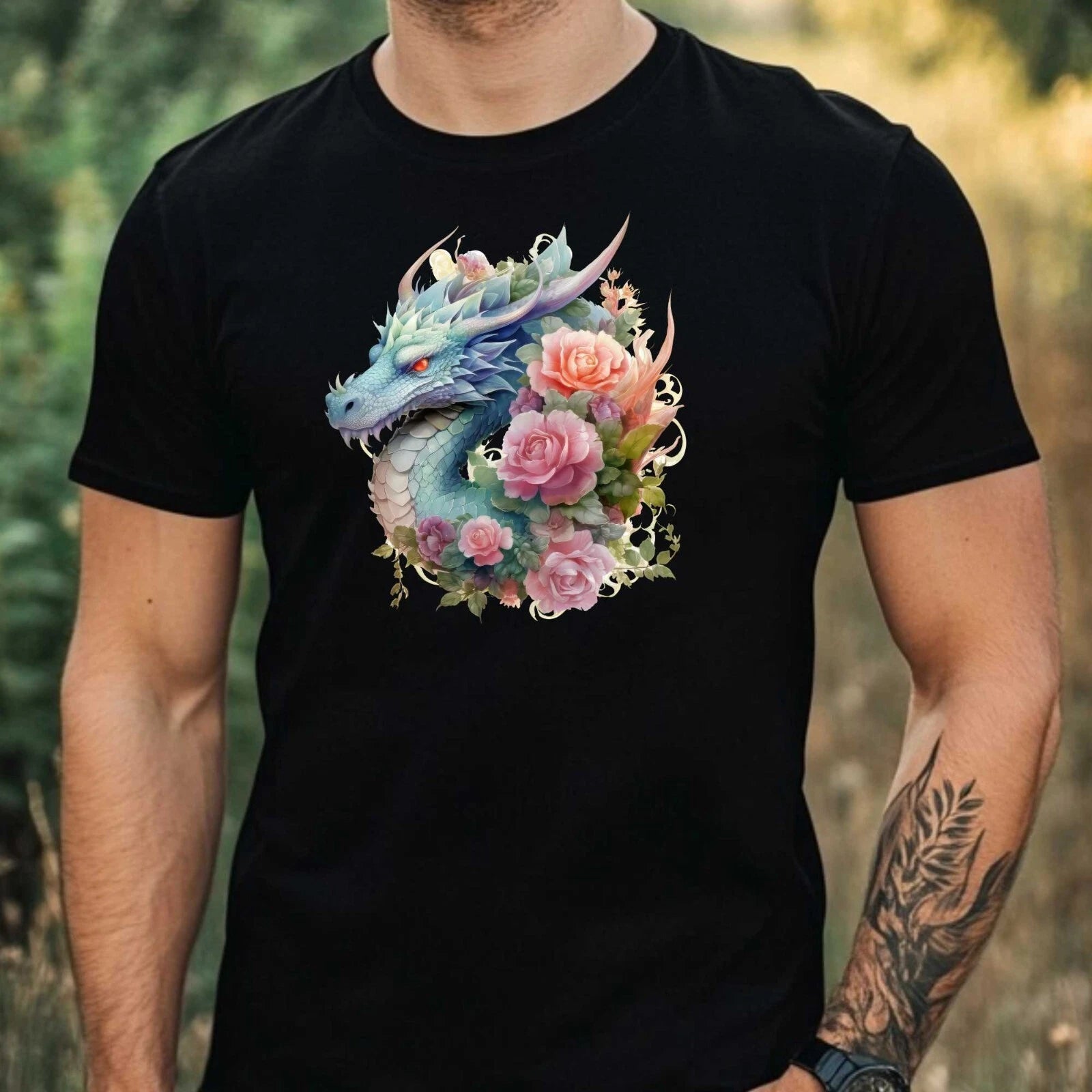 Mens Watercolour Floral Dragon Motif Cotton T-Shirt Size XS to 5XL