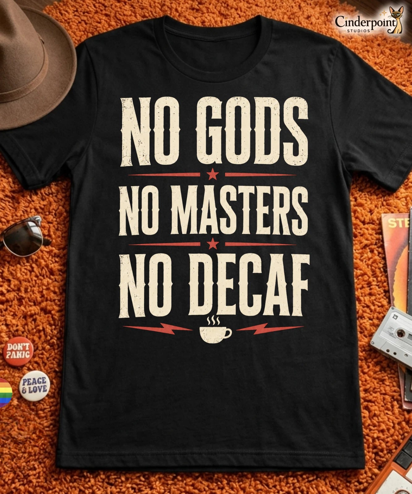 No Gods No Masters No Decaf Shirt Funny Anarchist Coffee Lovers Tee Black XS-5XL
