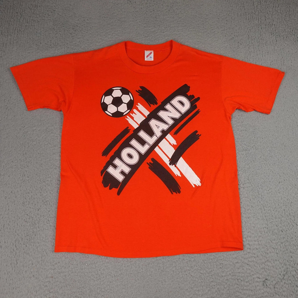 Vintage Holland Soccer Shirt Mens XL Orange Jerzees Made In USA Graphic Tee 80s