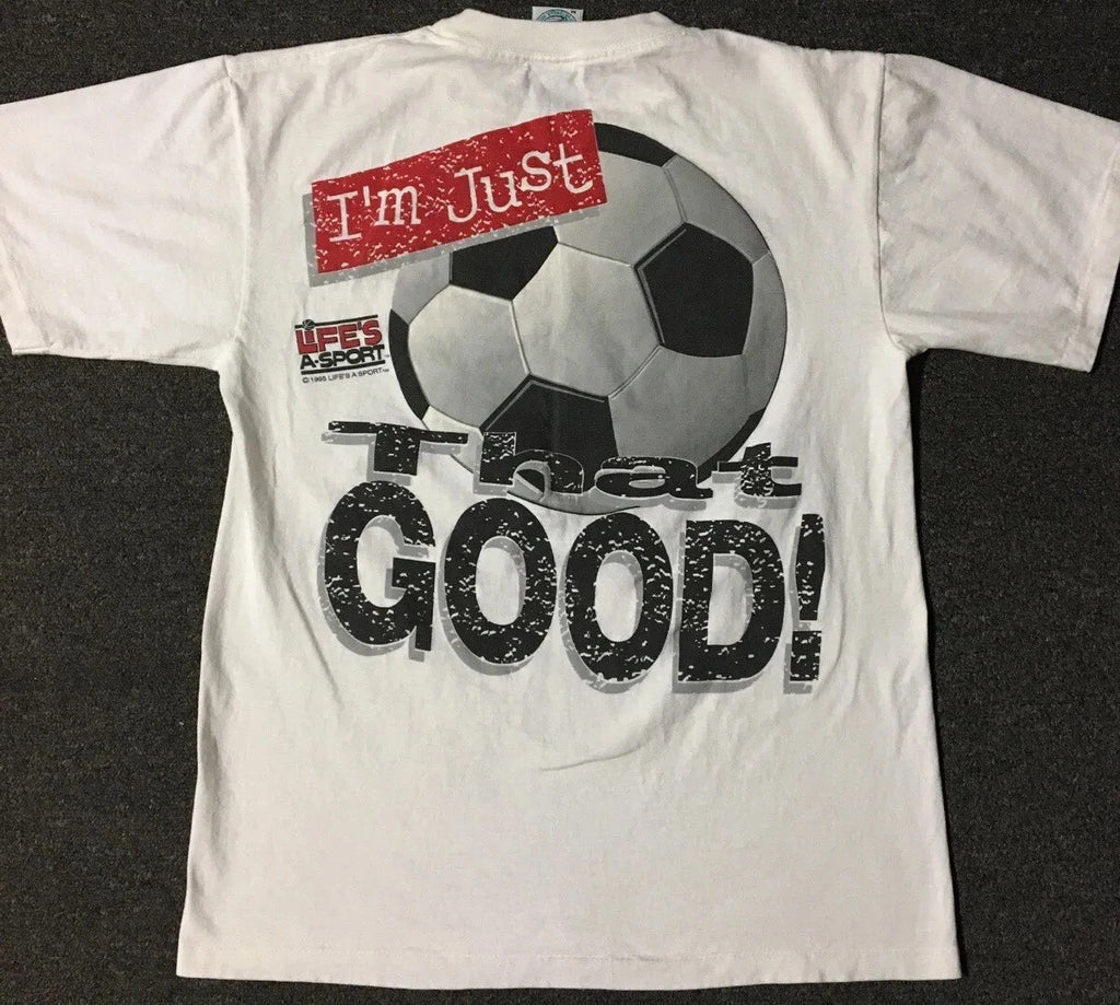 Vtg 90s Dont Have An Attitude Im Just Good Soccer Shirt M Funny Grunge Sport AOP