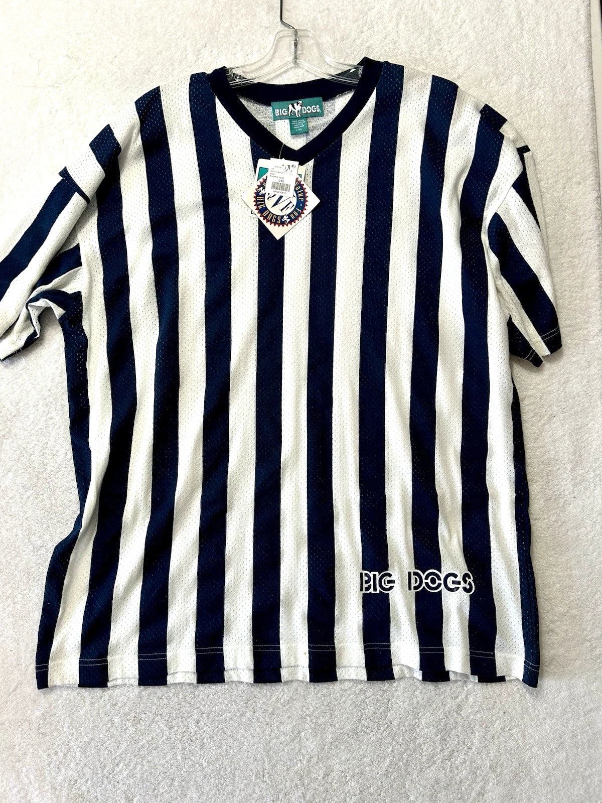 Vintage Big Dogs Vertical Stiped V-Neck L/XL White/Navy Referee Shirt (I3)
