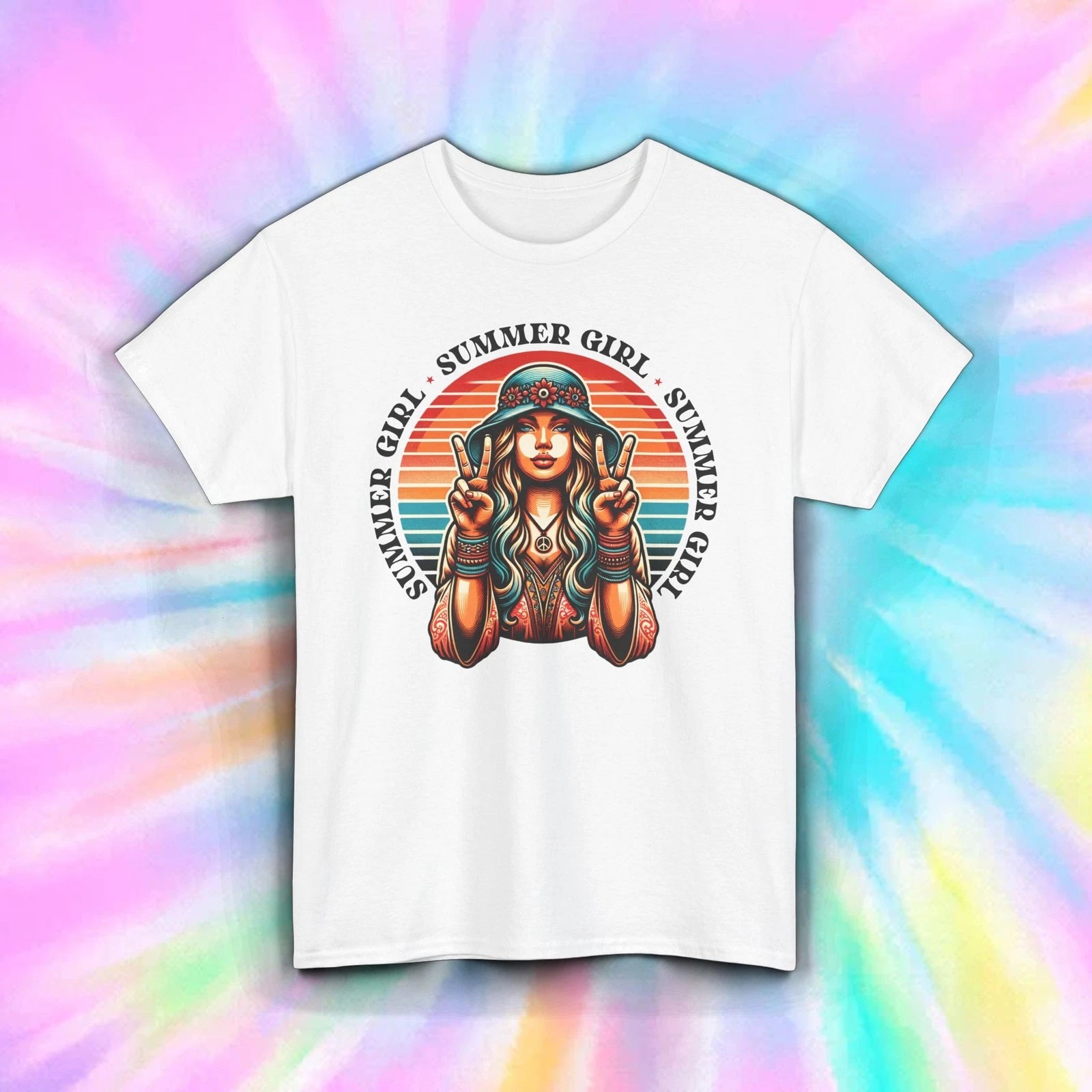 Summer Girl Shirt Retro Hippie Peace Sign Boho Sunset Festival Tee S-5XL
