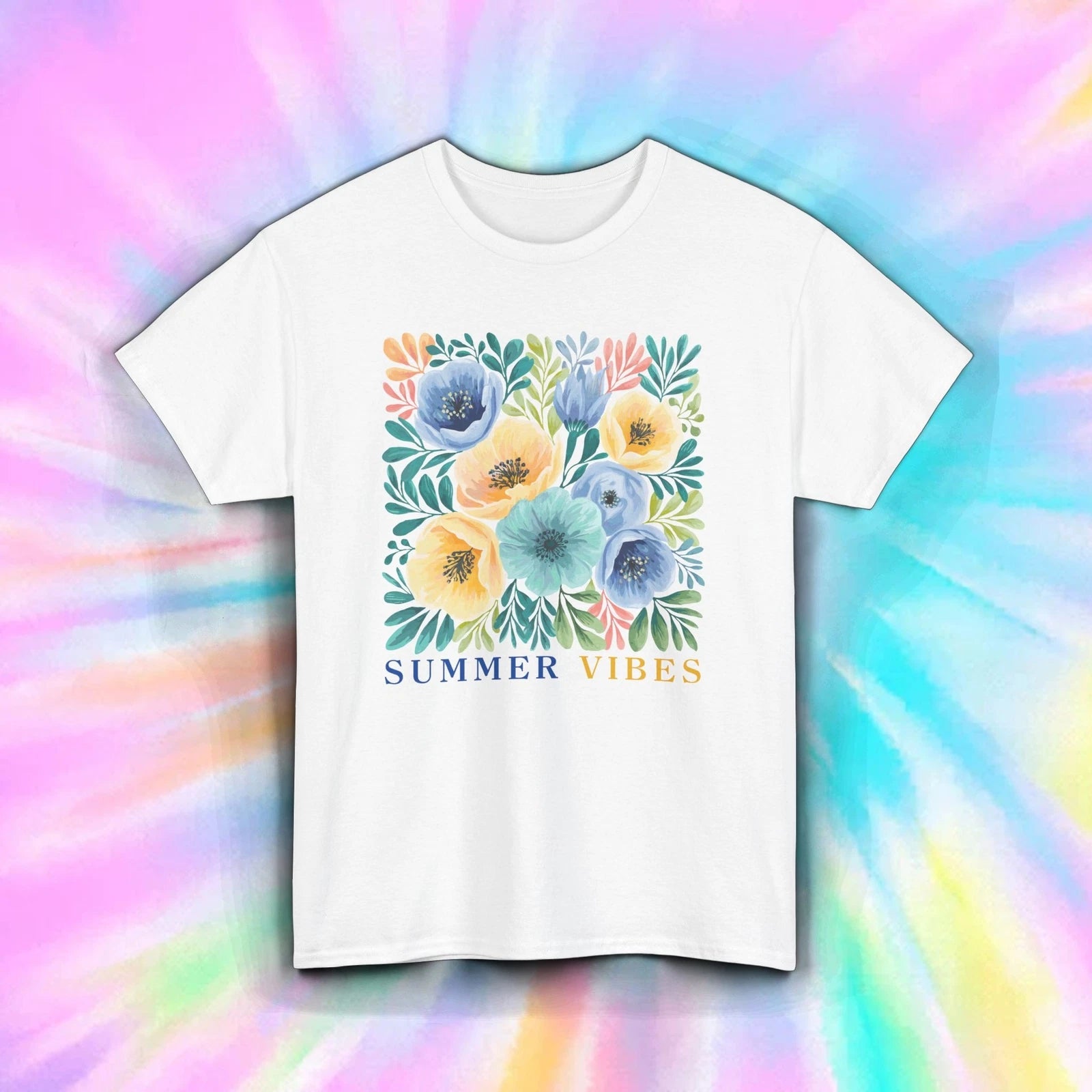 Summer Vibes Shirt Colorful Watercolor Floral Beachy Aesthetic Tee S-5XL