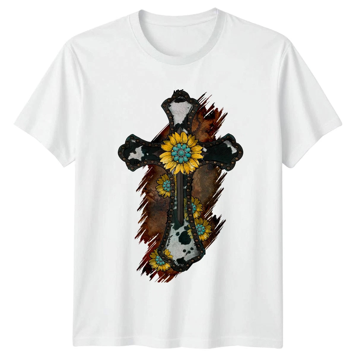 Cowhide Sunflower Cross Womens T-Shirt Cowgirl Boho Western Birthday Gift
