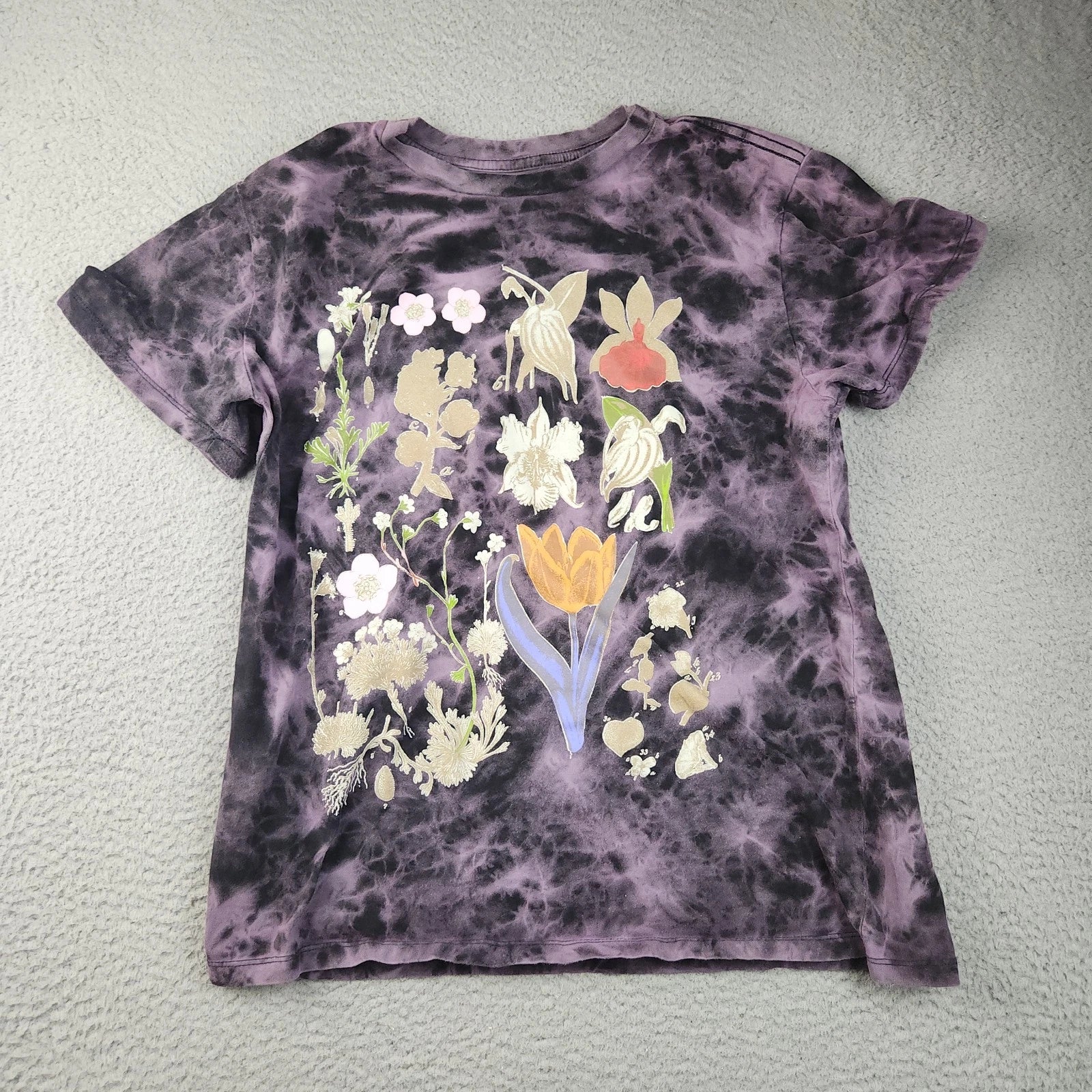 Tie Dye Flower Short Sleeve Shirt Extra Large Short Sleeve Purple Black Boho Fun