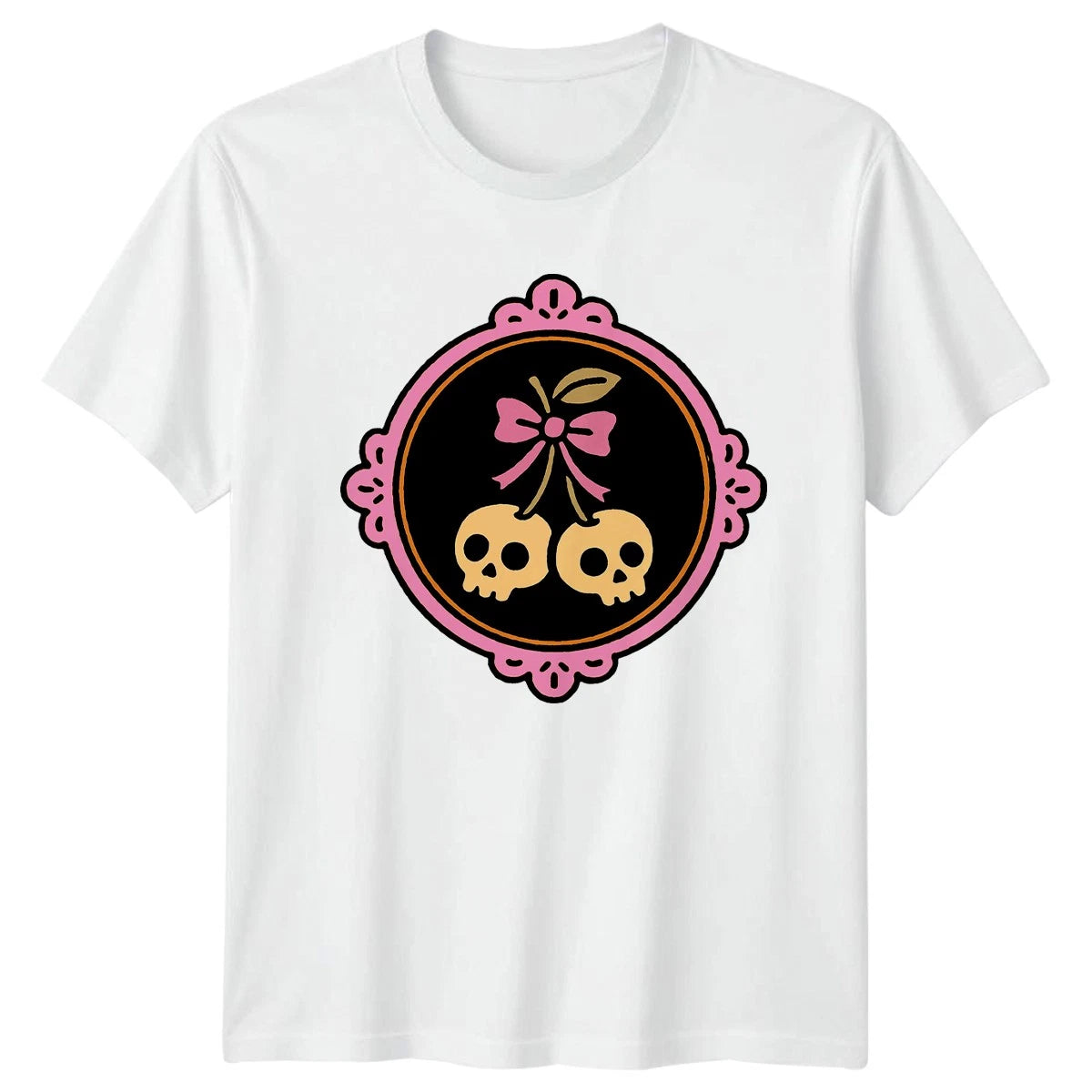 Skull Cherries Pink Bow Womens T-Shirt Pastel Goth Halloween Gift For Her