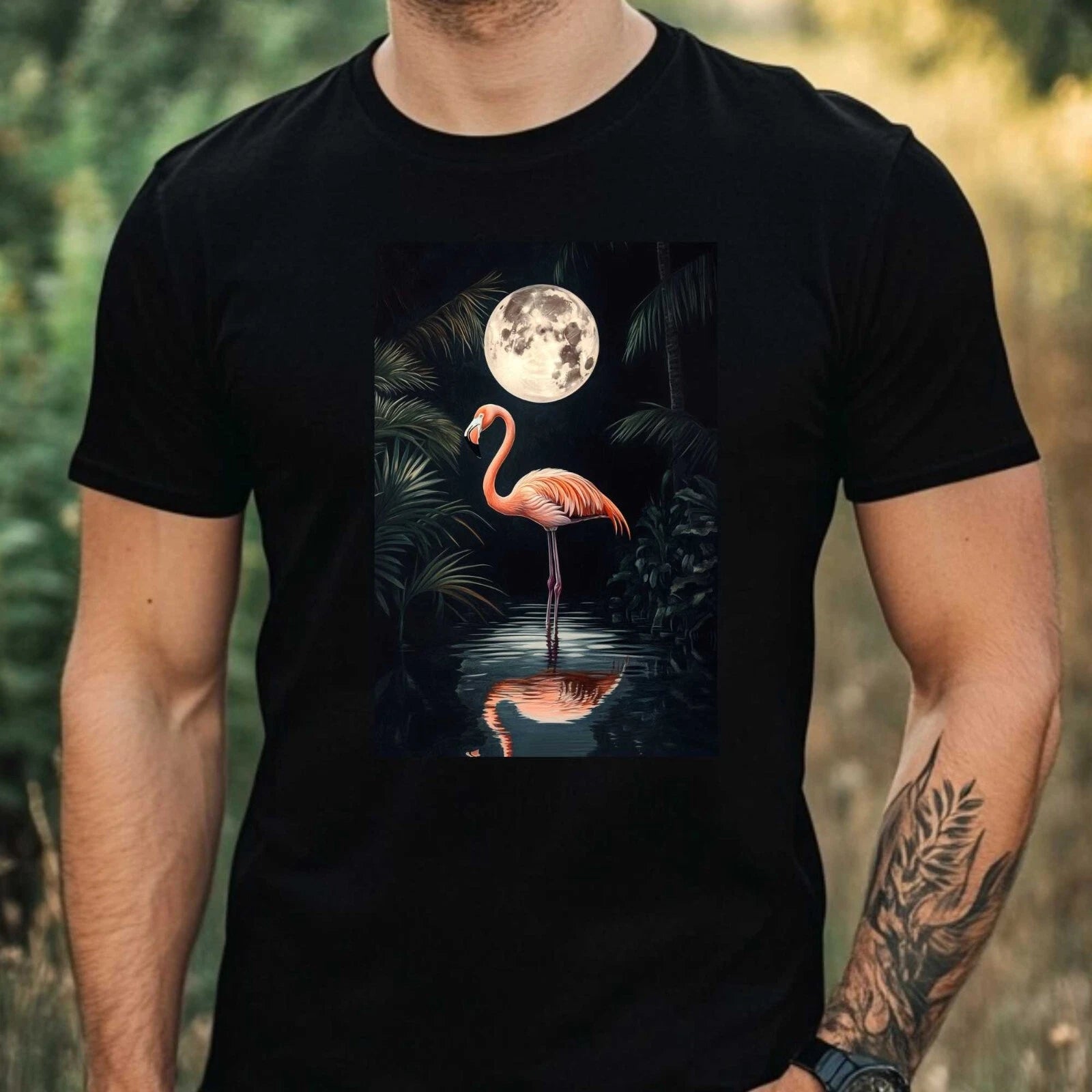 Mens Flamingo In Moonlight Motif Cotton T-Shirt Size XS to 5XL
