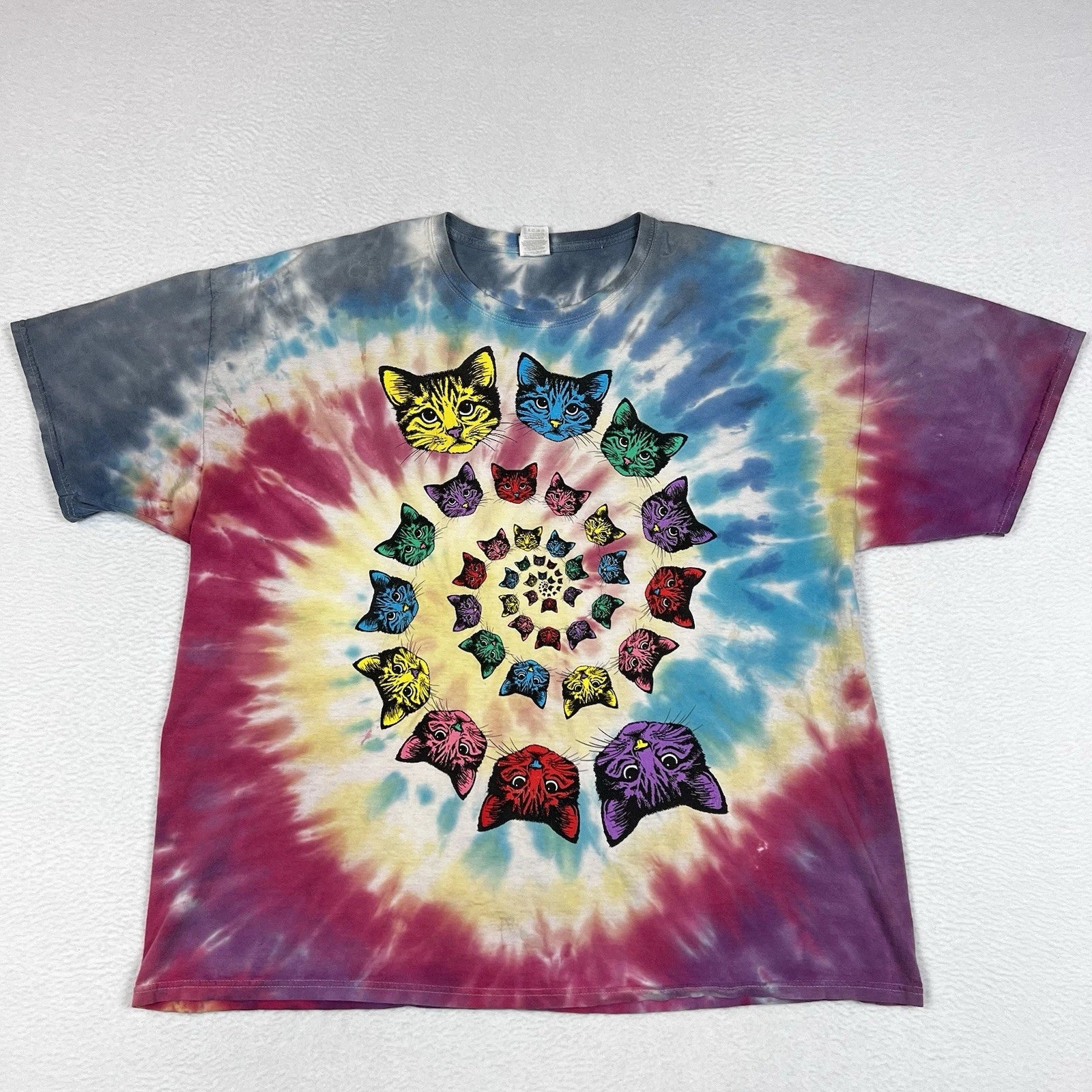 Vtg Jerzees Tie Dye Kitty Cat Head Funky Colorful Psychedelic T Shirt Size 3XL