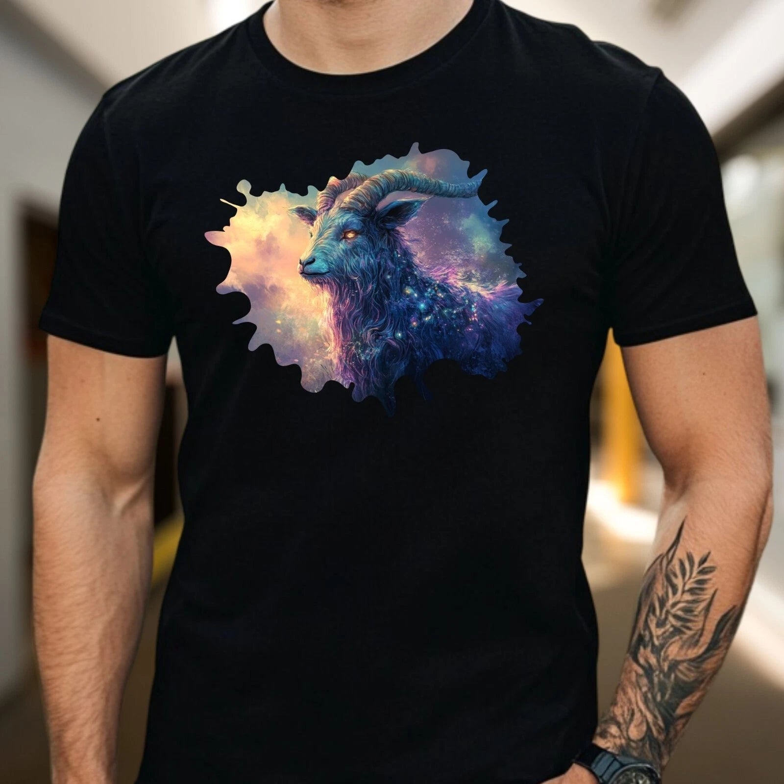 Mens Goat Mystical Motif Cotton T-Shirt Size XS to 5XL