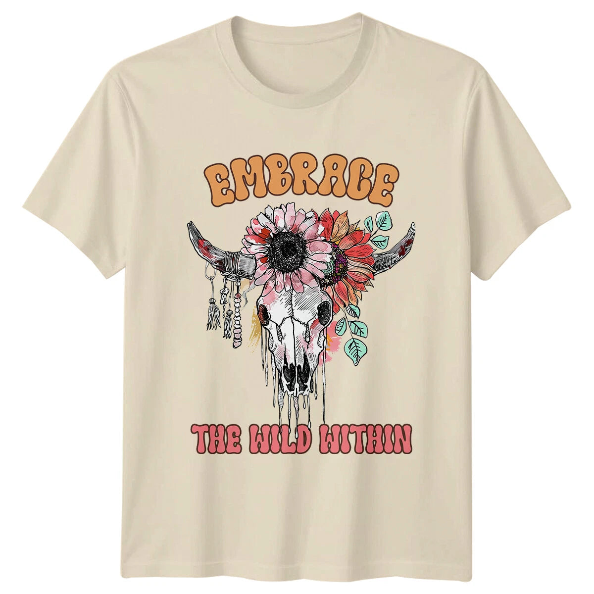 Embrace The Wild Within Boho Skull Sunflower Vintage Graphic T-Shirt