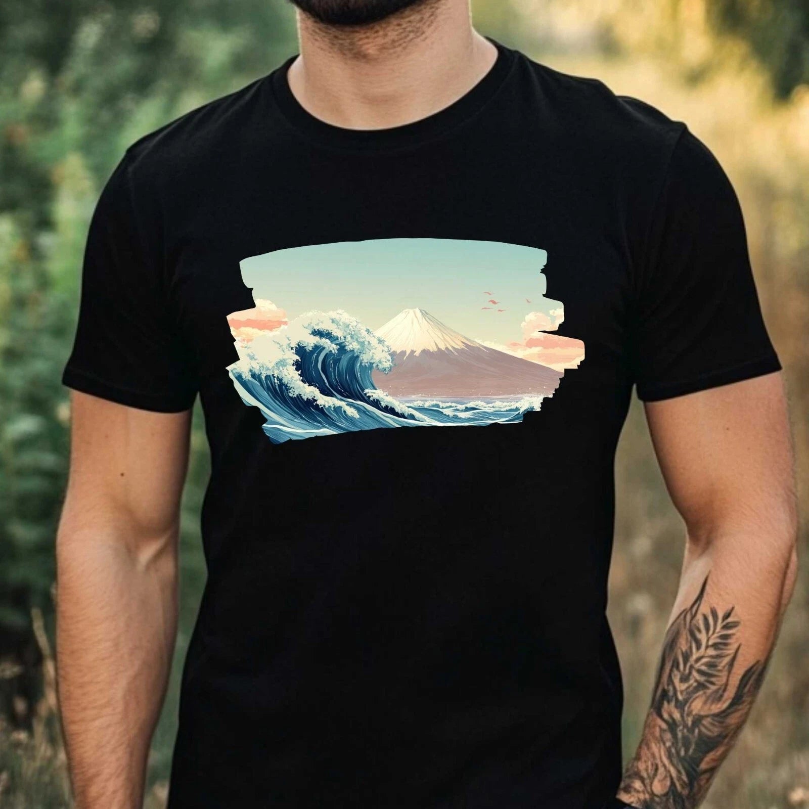 Mens Sea Waves Motif Cotton T-Shirt Size XS to 5XL