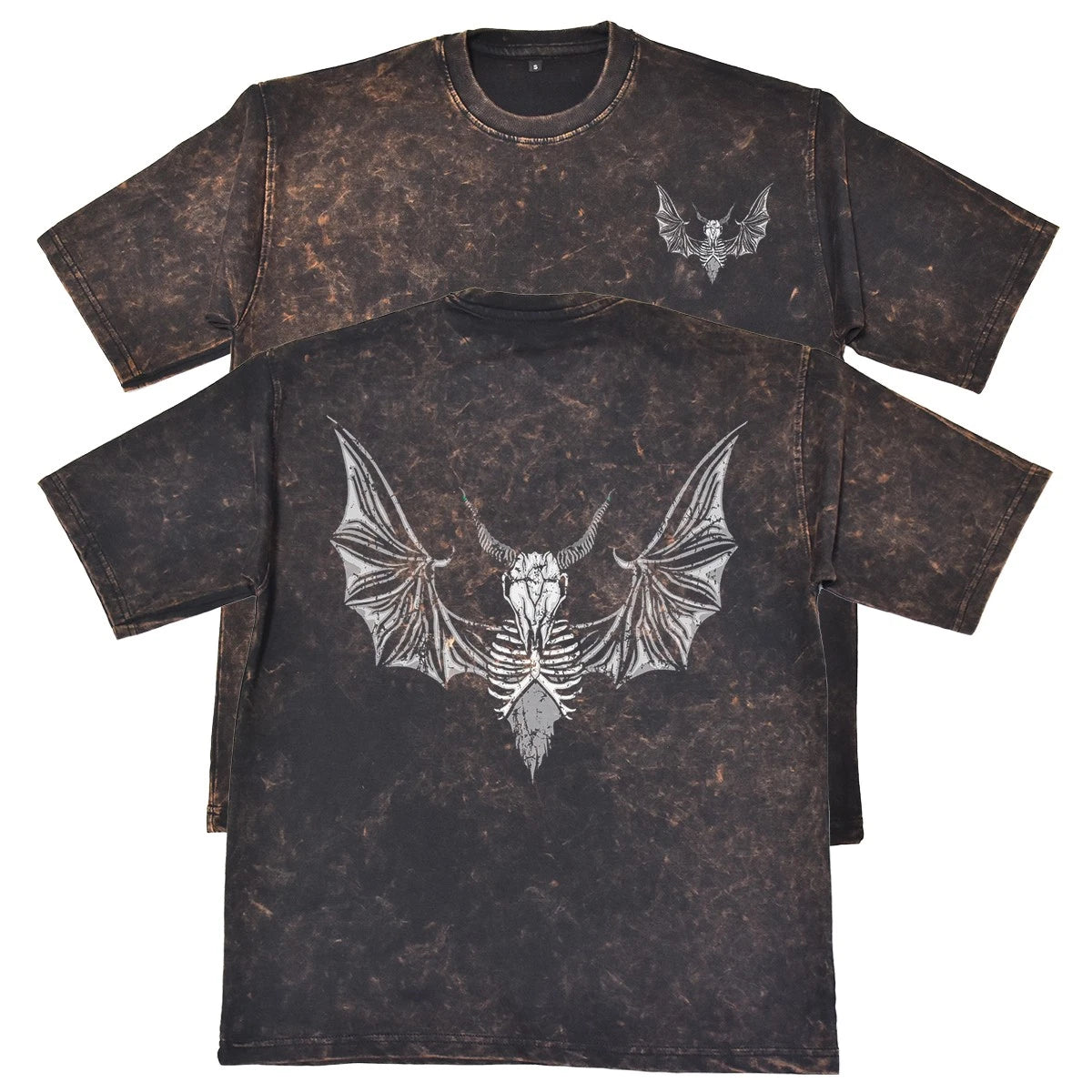 Winged Demon Skull Unisex Mens Rust 240gsm French Terry Acid Wash T-Shirt Gothic