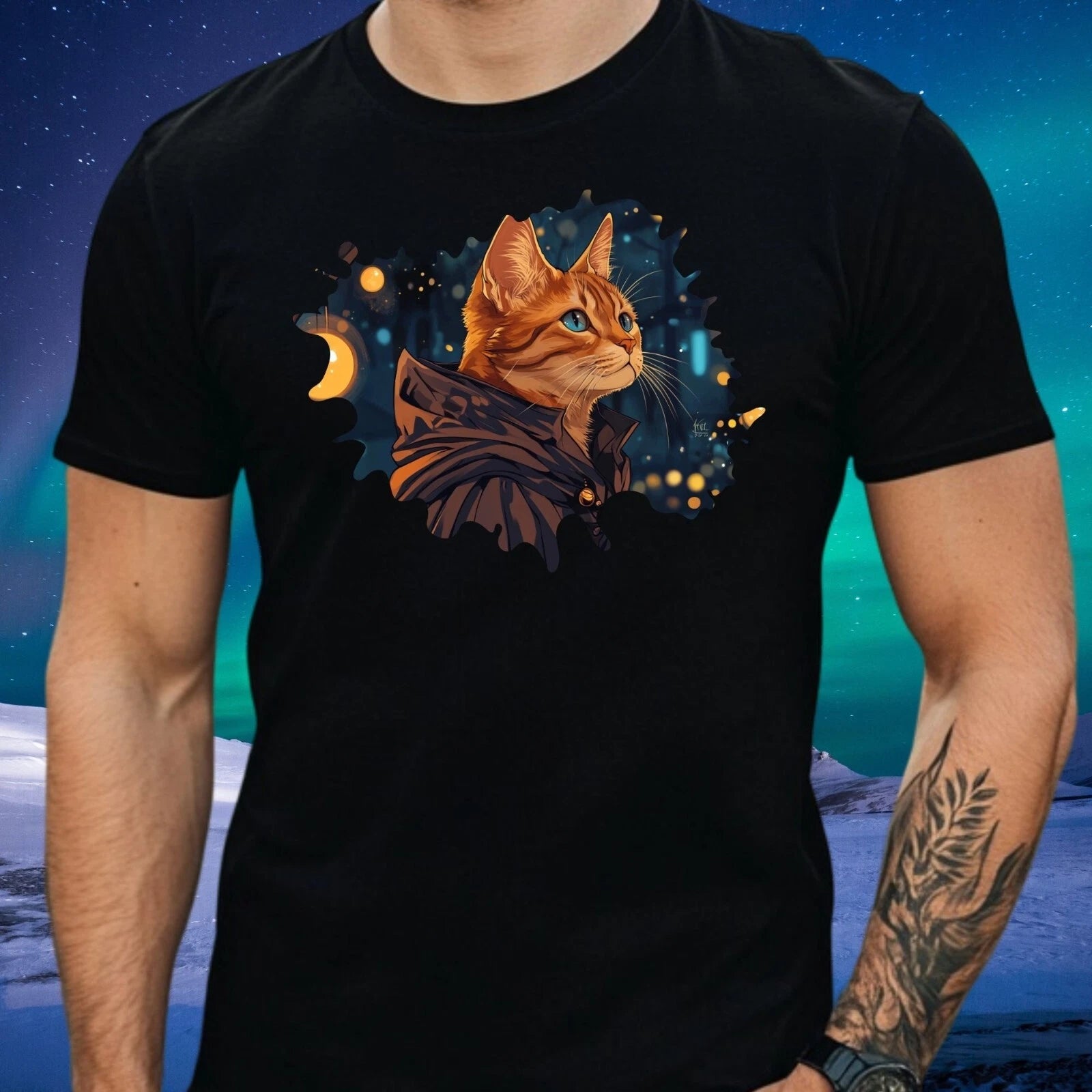 Mens Cat Wizard Mystical Motif Cotton T-Shirt Size XS to 5XL