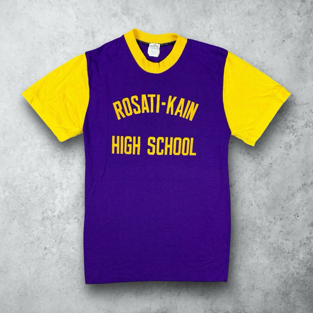 Vintage 60s Rosati-Kan Two Tone School Graphic T-Shirt Size Small USA