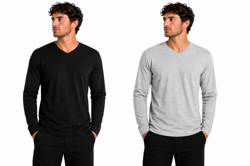 Men's T-Shirt V-Neck Basic Casual Long Sleeve Plain Cotton Soft Stretch Tee Tops