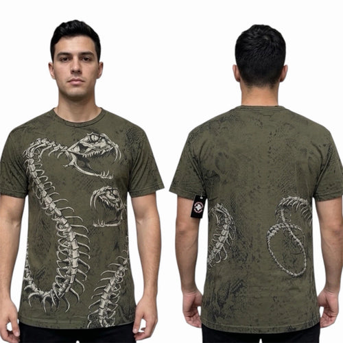 $58 AFFLICTION Military Green SKELETAL SNAKE Short Sleeve Slim Fit Y2K T-shirt