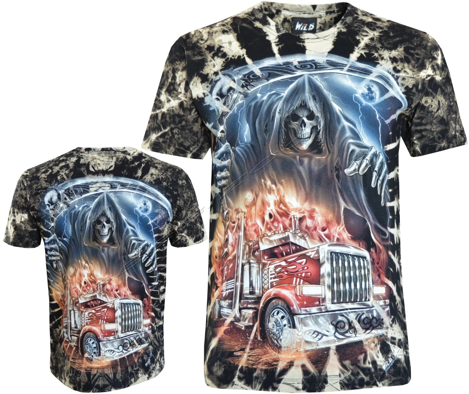 Tie Dye T-Shirt Grim Reaper Fiery Wrath over Truck Scythe Glow in Dark by Wild