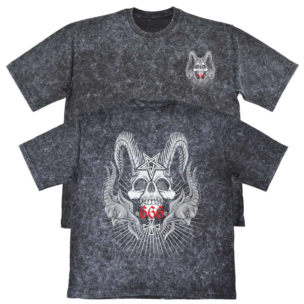 666 Red Gothic Skull Unisex Mens Carbon Grey 240gsm French Terry Acid Wash T-...