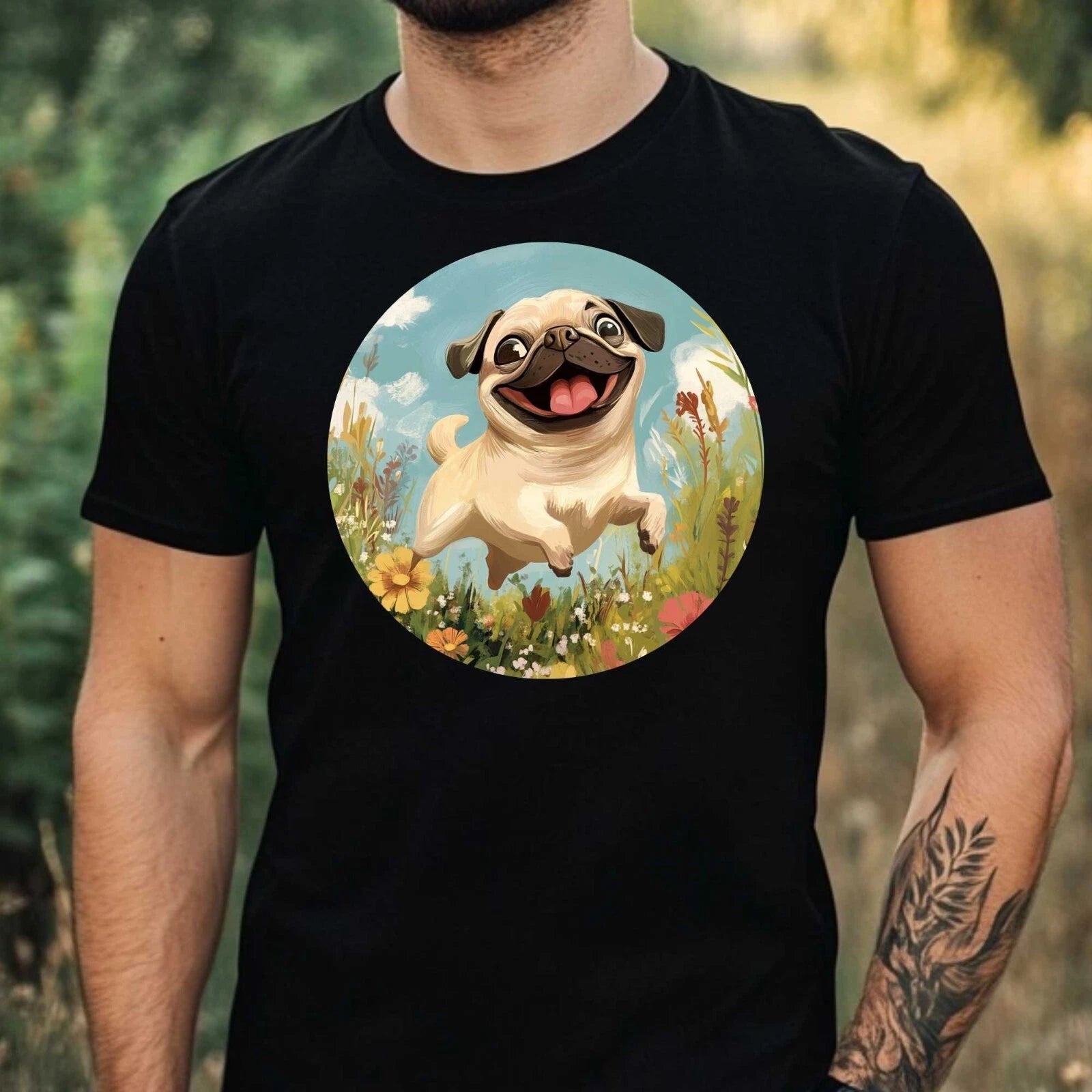 Mens Happy Pug Motif Cotton T-Shirt Size XS to 5XL