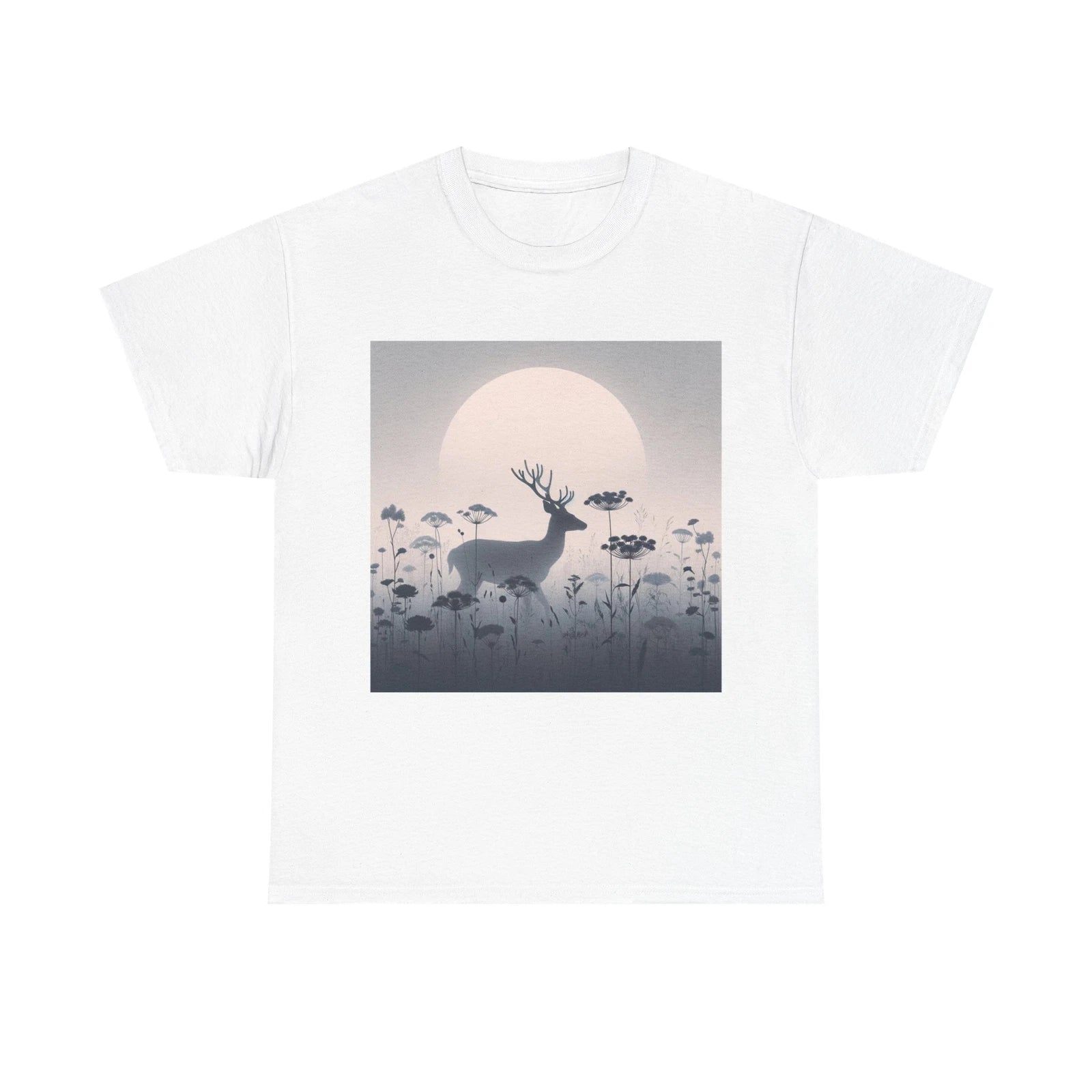 Unisex Adult T Shirt Minimalist Deer in Foggy Meadow