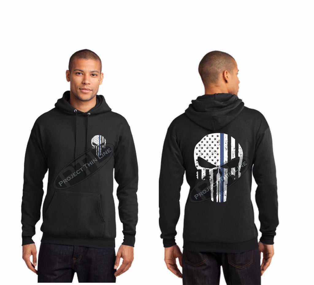Thin Blue Line SKULL American Flag Law Enforcement Police Hooded Sweatshirt