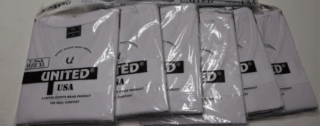 6x Lot United Sports Wear XL V-Neck Short Sleeve White Cotton T-Shirt Light Weig